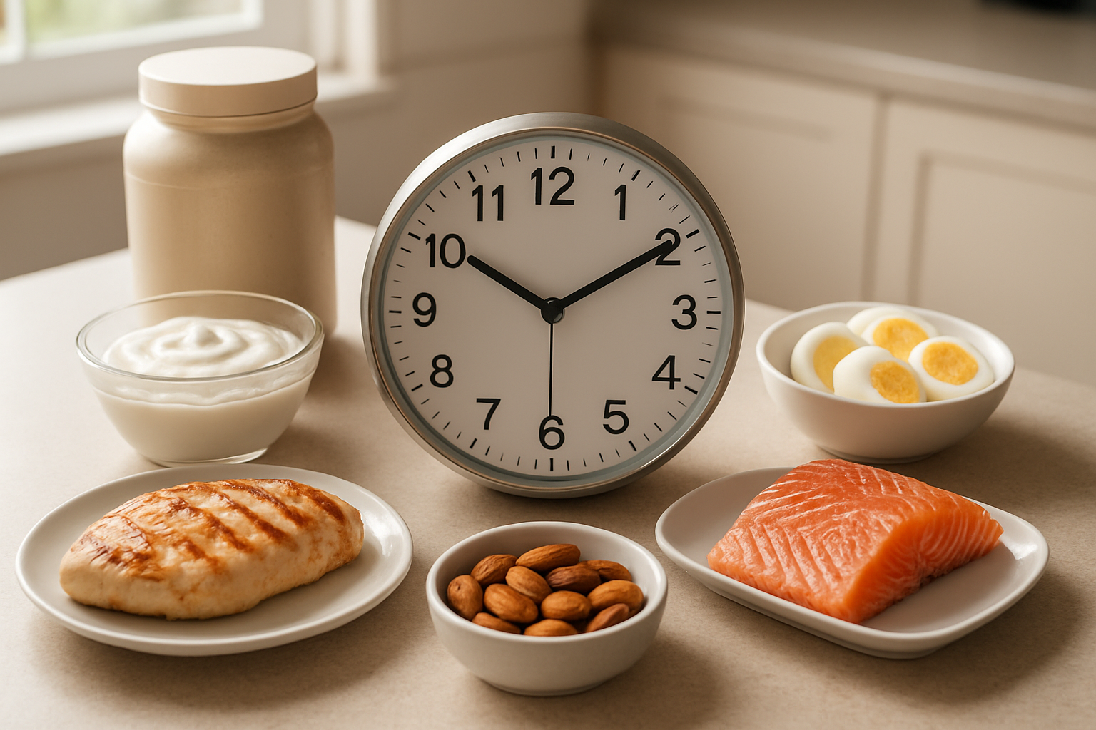 Create a realistic image of a clean modern kitchen counter with a sleek analog clock showing different meal times, surrounded by various protein-rich foods including grilled chicken breast, salmon fillet, Greek yogurt, protein powder container, hard-boiled eggs, and almonds arranged in small bowls at different positions around the clock to represent optimal protein timing throughout the day, with soft natural lighting from a nearby window creating gentle shadows, warm and organized atmosphere, absolutely NO text should be in the scene.