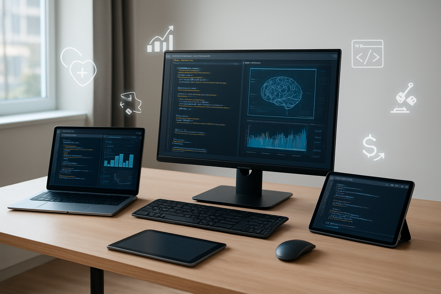 Create a realistic image of a modern tech workspace showing multiple computer screens displaying Python code interfaces, data visualization dashboards, and AI development environments, with sleek laptops and tablets arranged on a contemporary desk, surrounded by subtle representations of various industries like healthcare symbols, financial charts, robotics components, and web development icons scattered organically around the workspace, set against a clean minimalist office background with soft natural lighting from large windows, creating a professional and innovative atmosphere that conveys technological advancement and industry integration, Absolutely NO text should be in the scene.