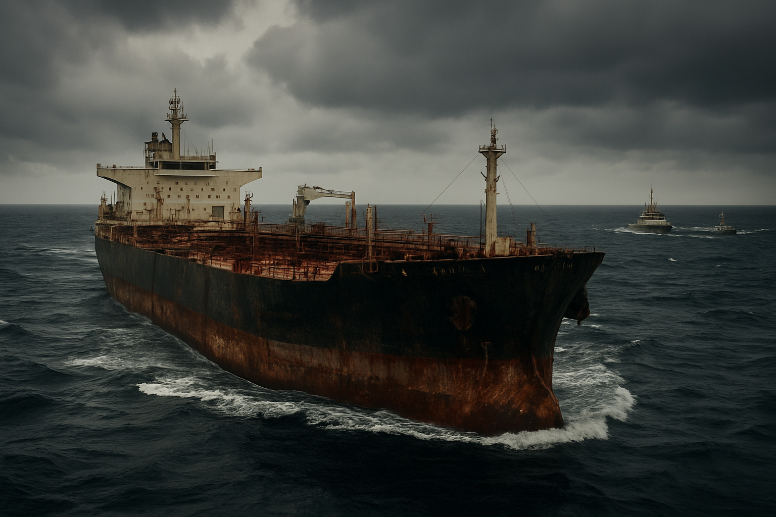 Create a realistic image of a large oil tanker ship named Aquila II sailing through dark blue ocean waters, with the vessel showing signs of wear and rust typical of shadow fleet operations, surrounded by choppy seas under an overcast sky, with official maritime enforcement vessels visible in the distance approaching the tanker, creating a tense maritime pursuit atmosphere with dramatic lighting from storm clouds above, focusing on the industrial details of the tanker's hull, deck structures, and oil loading equipment, absolutely NO text should be in the scene.