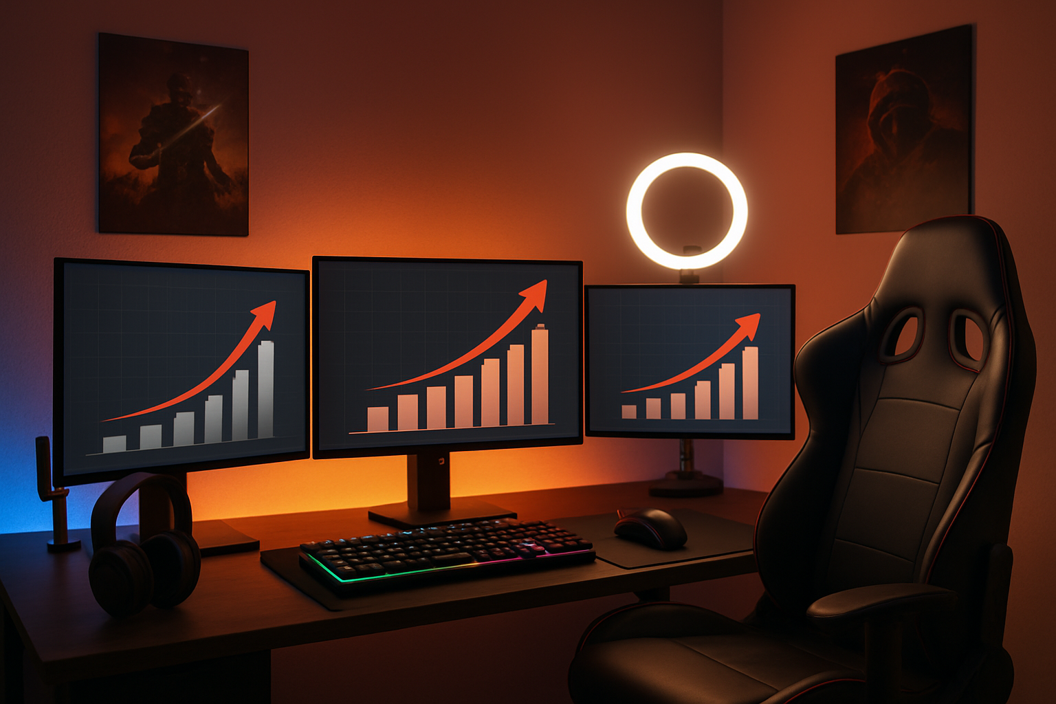 Create a realistic image of a successful gaming YouTube creator's workspace showing a modern gaming setup with multiple monitors displaying YouTube analytics graphs with upward trending arrows, a professional gaming chair, RGB lighting casting a warm glow, gaming peripherals like mechanical keyboard and gaming mouse, a ring light for video recording, and gaming posters on the wall, all arranged in a clean organized manner suggesting growth and success, captured with soft ambient lighting that creates an inspiring and achievement-focused atmosphere, absolutely NO text should be in the scene.