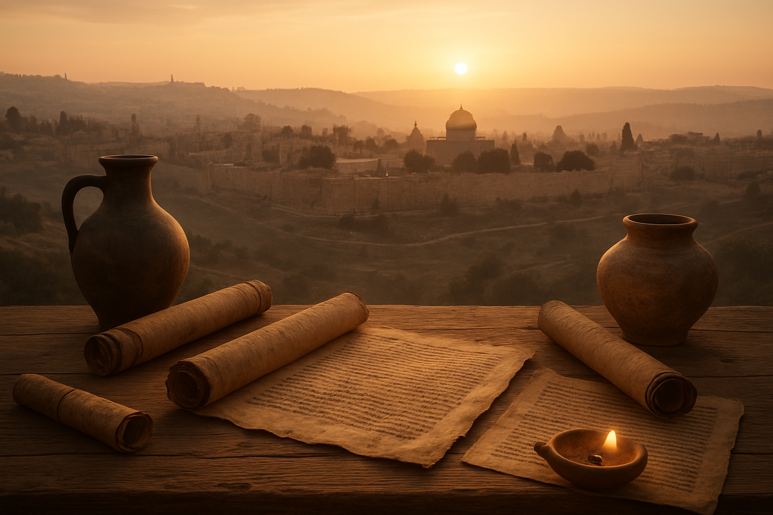 Create a realistic image of an ancient Middle Eastern landscape at dawn with Jerusalem's historical cityscape in the background, featuring stone walls, ancient buildings, and rolling hills under soft golden lighting, with weathered scrolls and ancient manuscripts partially visible in the foreground on a wooden table, alongside traditional pottery and oil lamps, creating a scholarly atmosphere that evokes biblical times and historical research, with warm earth tones throughout the scene and gentle morning mist in the distance, absolutely NO text should be in the scene.