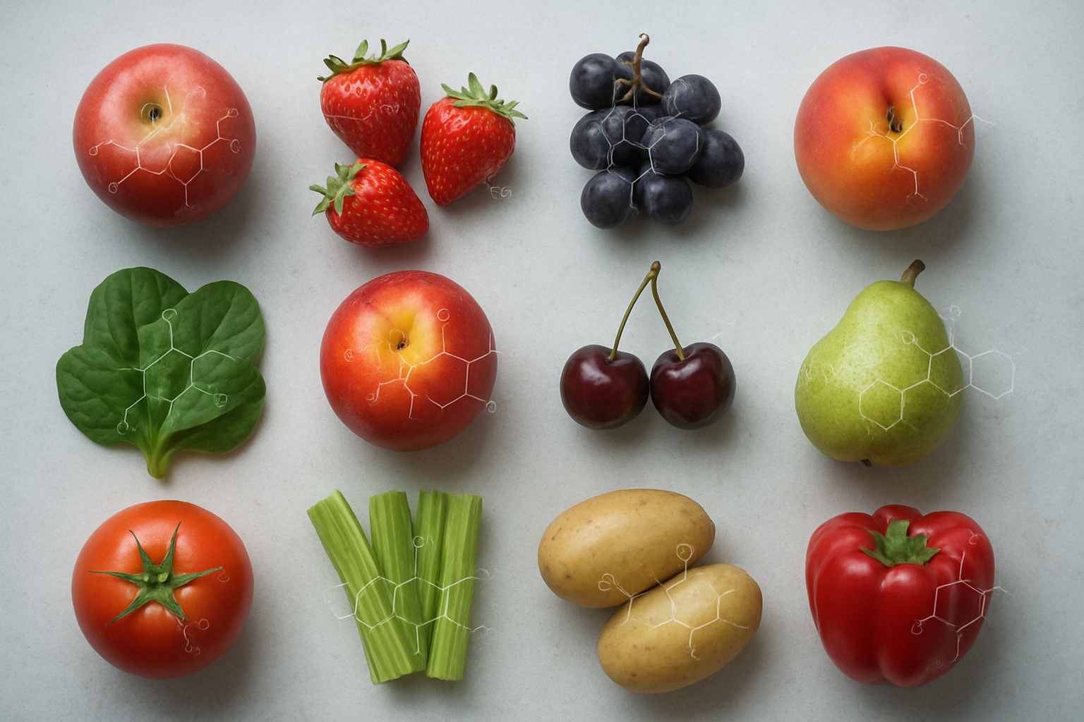 Create a realistic image of twelve different fresh fruits arranged in a grid pattern on a white background, including apples, strawberries, grapes, peaches, spinach leaves, nectarines, cherries, pears, tomatoes, celery stalks, potatoes, and bell peppers, with a subtle overlay of translucent chemical molecular structures floating above each fruit to represent pesticide residues, shot with soft natural lighting that emphasizes the vibrant colors of the produce while maintaining a slightly ominous undertone through cooler color grading, absolutely NO text should be in the scene.