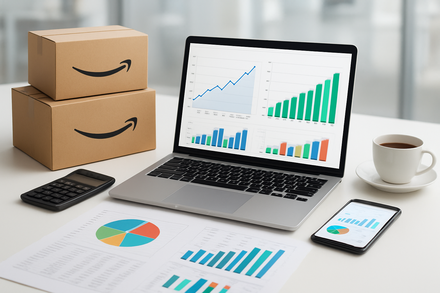 Create a realistic image of a modern office desk with financial charts and graphs displayed on a laptop screen showing profit margins and revenue data, surrounded by Amazon product boxes, a calculator, spreadsheets with numerical data, colorful pie charts and bar graphs on paper documents, a smartphone displaying analytics, and a coffee cup, all arranged on a clean white desk surface under bright office lighting with a blurred office background, conveying a professional business analysis atmosphere, absolutely NO text should be in the scene.