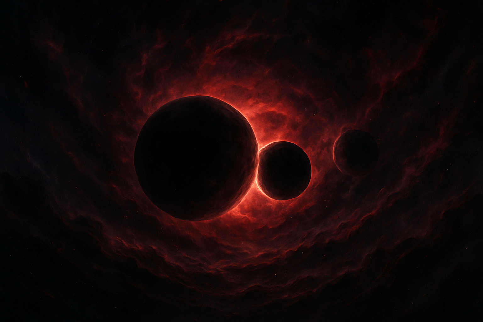 9 கிரகங்களும் கேதுவும்: அதிர்ச்சி பலன்கள் Create a realistic image of a dark cosmic scene with swirling celestial bodies representing malevolent planetary forces, featuring ominous red and black nebula clouds, shadowy planetary alignments creating an eclipse-like effect, turbulent cosmic energy waves radiating outward, dramatic contrast between light and darkness symbolizing negative astrological influences, deep space background with scattered dim stars, foreboding atmosphere with purple and crimson hues, celestial objects appearing to clash or create discord in the cosmic arrangement, moody lighting that emphasizes the threatening nature of planetary positions, absolutely NO text should be in the scene.