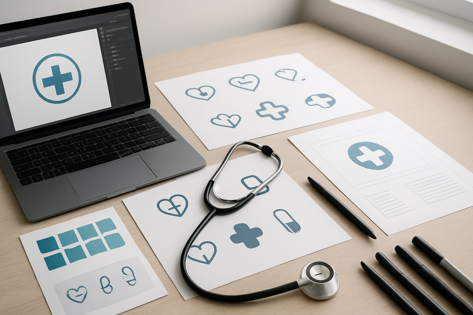 Create a realistic image of a modern office desk with essential branding materials spread across it including a color palette card, logo sketches, typography samples, brand guideline documents, a stethoscope placed naturally among the materials, medical icons and symbols on paper, a laptop displaying design software, professional markers and pens, clean white background with soft natural lighting from a window, organized and professional atmosphere suggesting brand development work for a healthcare company, absolutely NO text should be in the scene.