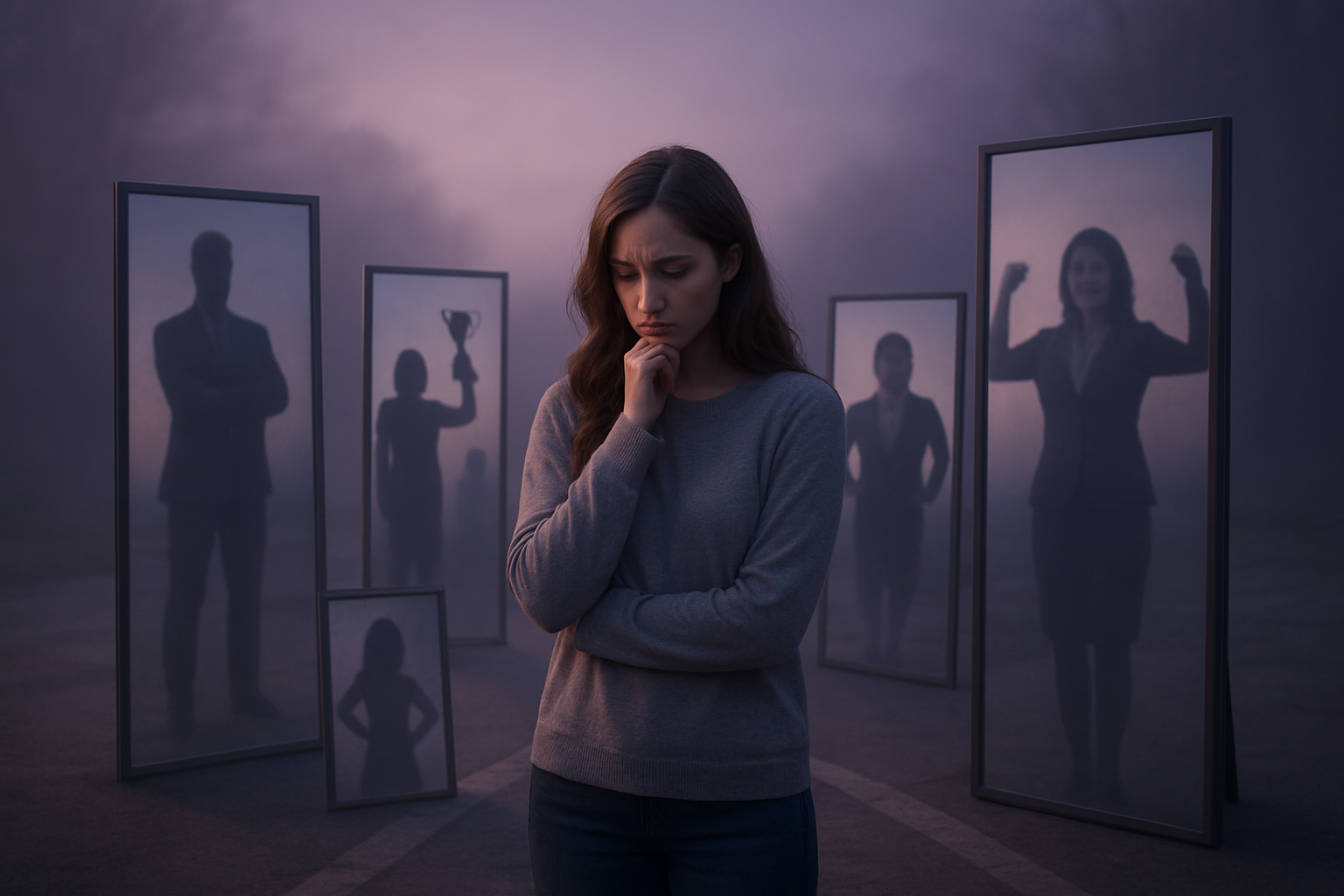 Create a realistic image of a young white woman standing at a crossroads looking at multiple mirrors of different sizes positioned around her, each mirror reflecting different versions of success and achievement, with shadowy silhouettes of other people visible in the reflective surfaces, set against a misty twilight background with soft purple and gray lighting that creates a contemplative and slightly melancholic mood, showing the woman appearing conflicted and overwhelmed as she compares herself to the various reflections, absolutely NO text should be in the scene.