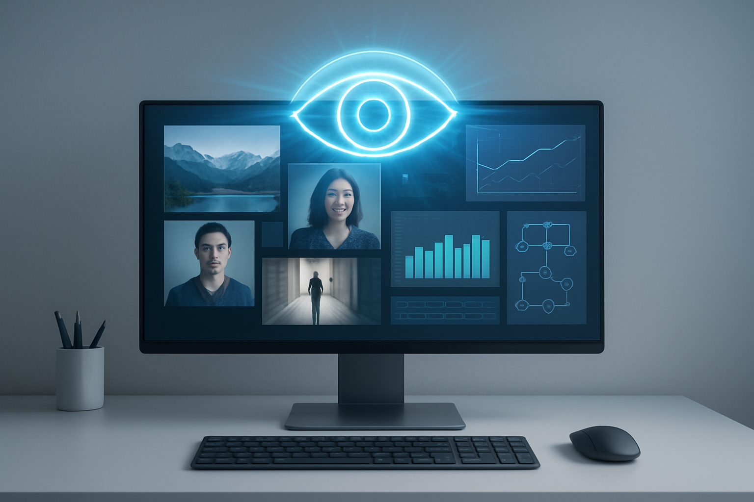 Create a realistic image of a sleek modern computer screen displaying multiple visual elements including photographs, video thumbnails, charts, and diagrams representing AI's ability to process different types of media, with a futuristic holographic eye symbol floating above the screen emitting soft blue light rays, set against a clean minimalist tech workspace background with soft ambient lighting, absolutely NO text should be in the scene.