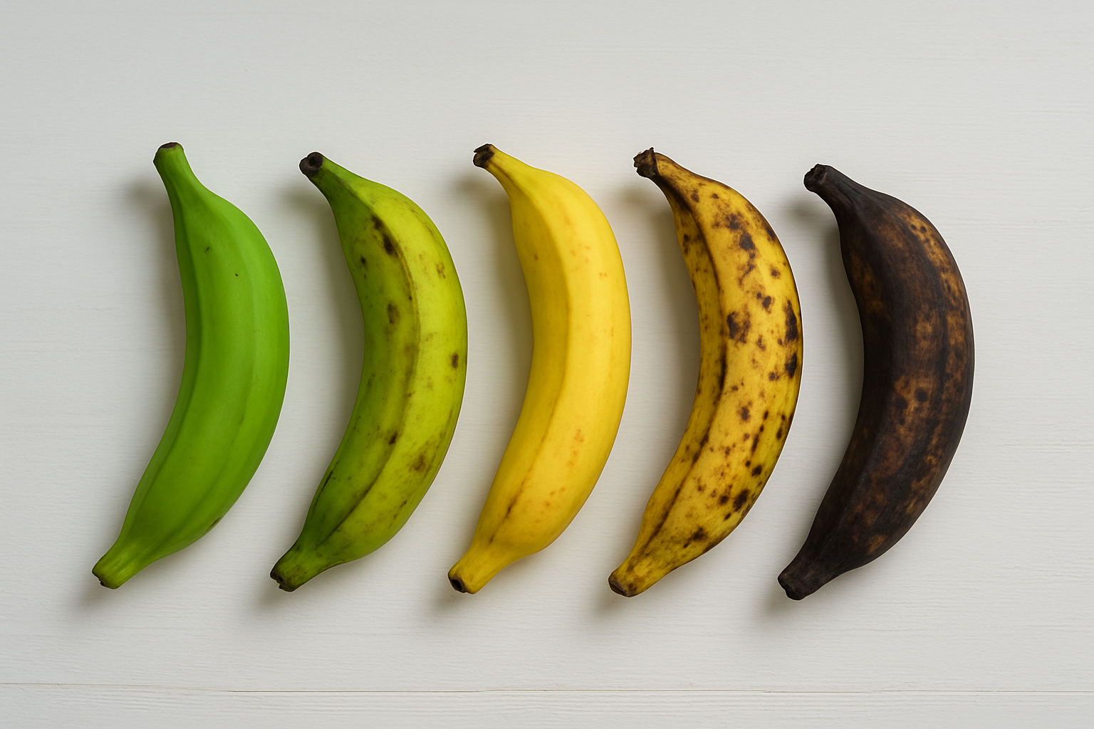 Create a realistic image of five plantains arranged in a horizontal row showing different ripeness stages from left to right: bright green unripe plantain, yellow-green plantain with some dark spots, golden yellow ripe plantain, yellow plantain with brown spots, and very ripe dark brown to black spotted plantain, placed on a clean white wooden surface with natural daylight illuminating the scene from above, creating soft shadows beneath each plantain, with a neutral light gray background, absolutely NO text should be in the scene.
