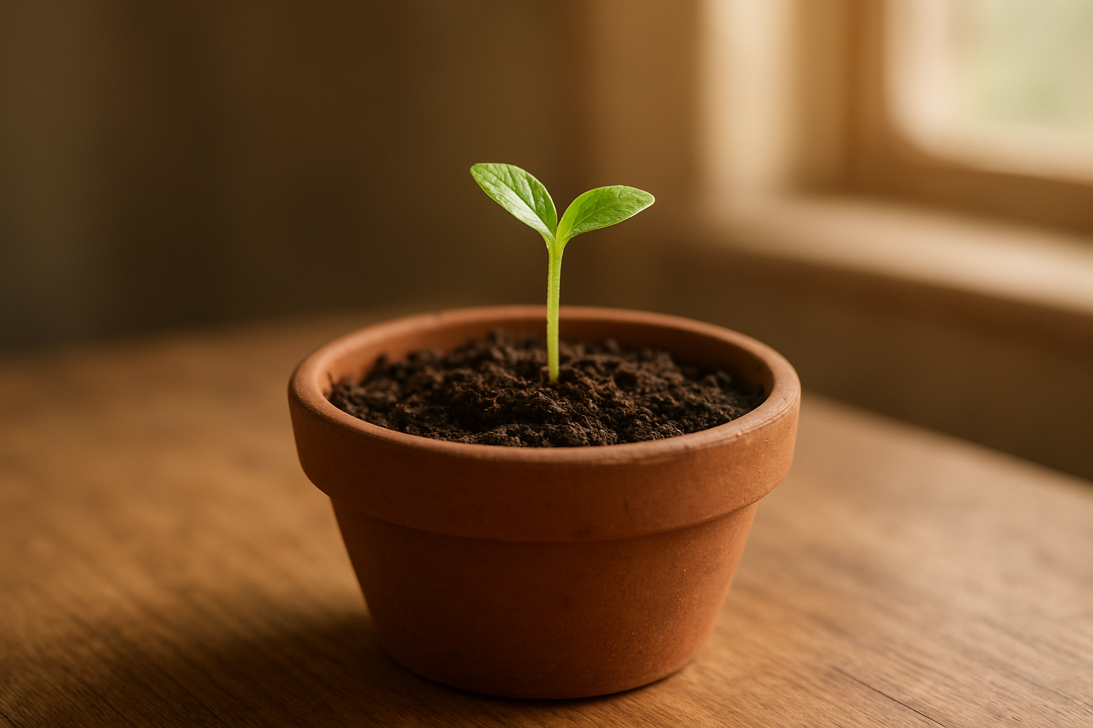 Create a realistic image of a small potted seedling or tiny plant sprouting from rich dark soil, placed on a wooden surface with soft natural lighting from a window, showing delicate green leaves just beginning to emerge, symbolizing the power of small beginnings and gradual growth, with a warm and hopeful atmosphere in the background suggesting a cozy indoor environment. Absolutely NO text should be in the scene.