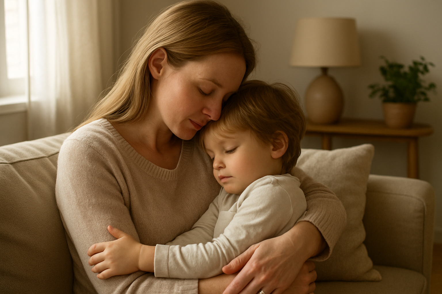 Create a realistic image of a tender moment between a white mother and her young child sitting together in a cozy living room, the mother gently holding her child close while they share an intimate, loving embrace, soft natural lighting streaming through a nearby window creating a warm and peaceful atmosphere, comfortable furniture and home decor in the background, capturing the deep emotional bond and unconditional love between them, absolutely NO text should be in the scene.