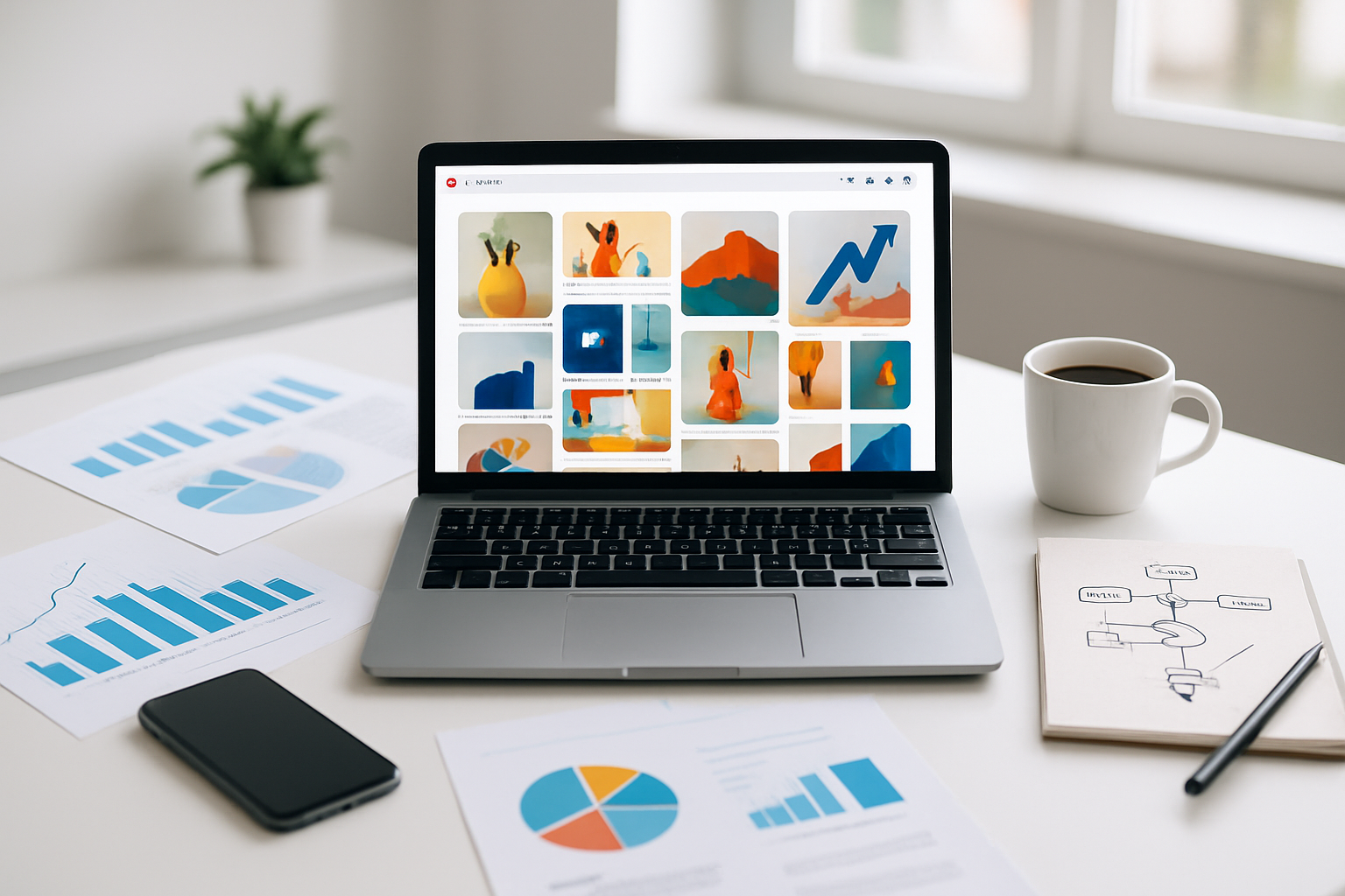 Create a realistic image of a modern workspace setup featuring a sleek laptop displaying Pinterest's interface with colorful pins and boards visible on screen, surrounded by business analytics charts, graphs showing upward growth trends, scattered marketing materials, a smartphone, a coffee cup, and a notepad with strategic planning sketches, all arranged on a clean white desk against a bright, professional office background with natural lighting streaming through a window, conveying success and achievement in digital marketing, absolutely NO text should be in the scene.