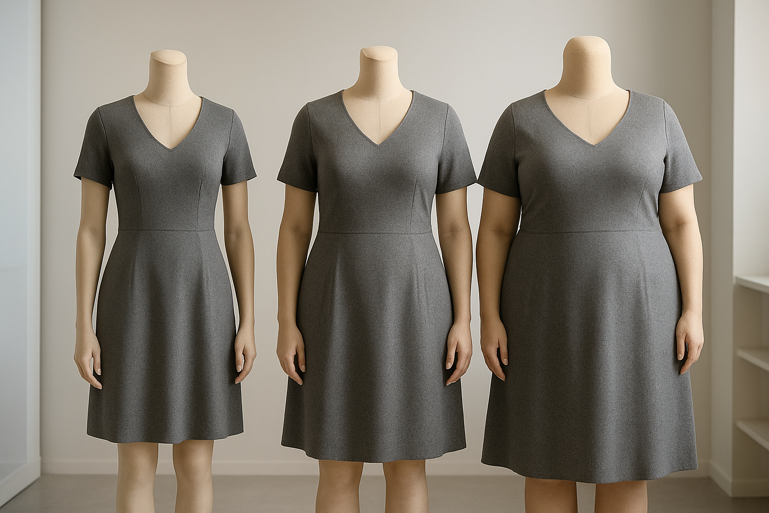 Create a realistic image of diverse clothing mannequins displaying the same garment style in different sizes and fits, featuring three distinct sections representing USA, Europe, and Middle East regional preferences, with mannequins showing varying body proportions and silhouettes, set against a clean modern retail or design studio background with soft professional lighting, absolutely NO text should be in the scene.