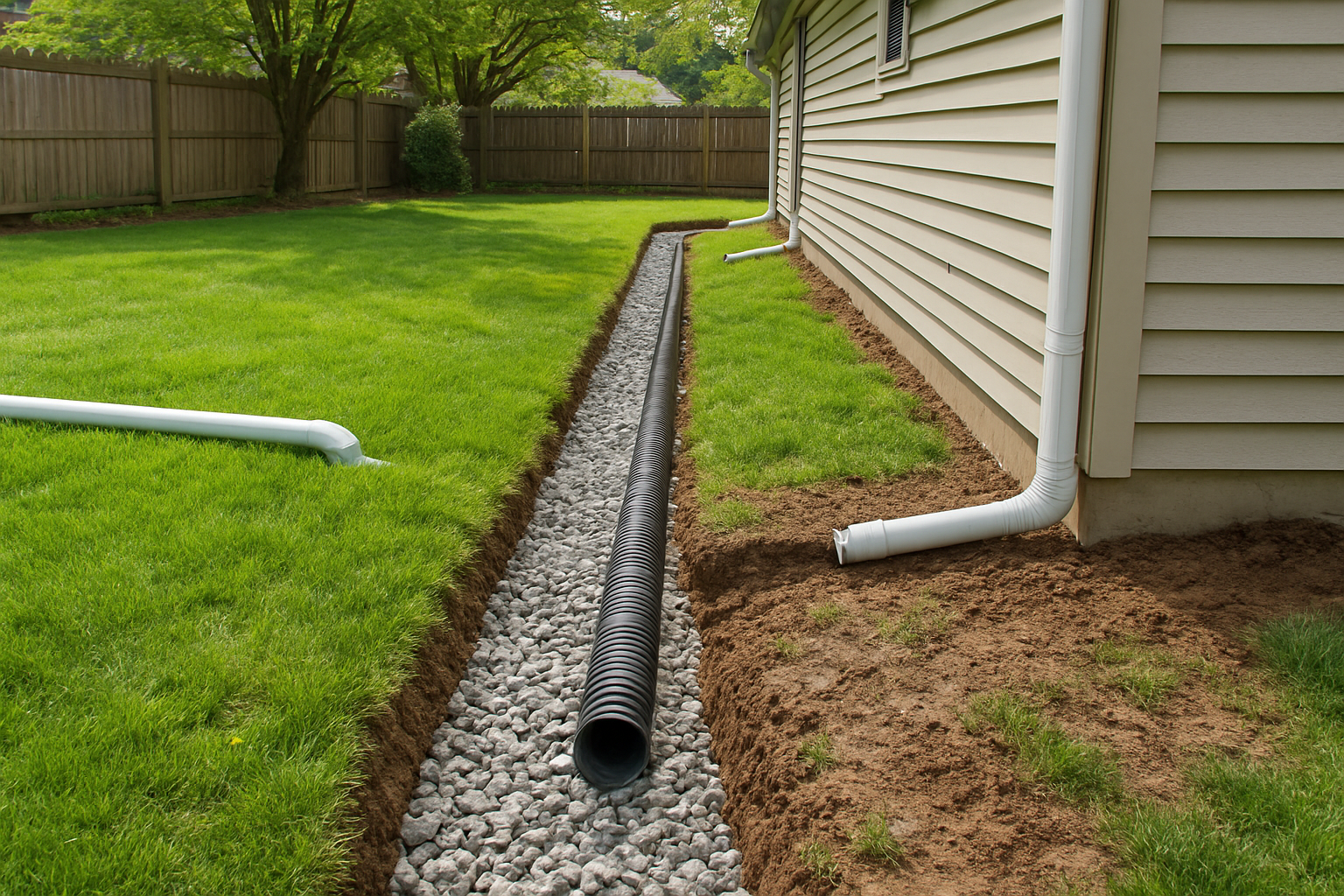 Create a realistic image of a residential backyard showing drainage solutions including a French drain with exposed gravel trench, perforated drainage pipes visible in cross-section, proper yard grading with gentle slopes directing water away from house, strategically placed downspouts with extension pipes, and rain gutters on house eaves, with well-maintained grass areas and some muddy patches being remediated, natural daylight lighting, suburban home setting with fence in background, absolutely NO text should be in the scene.