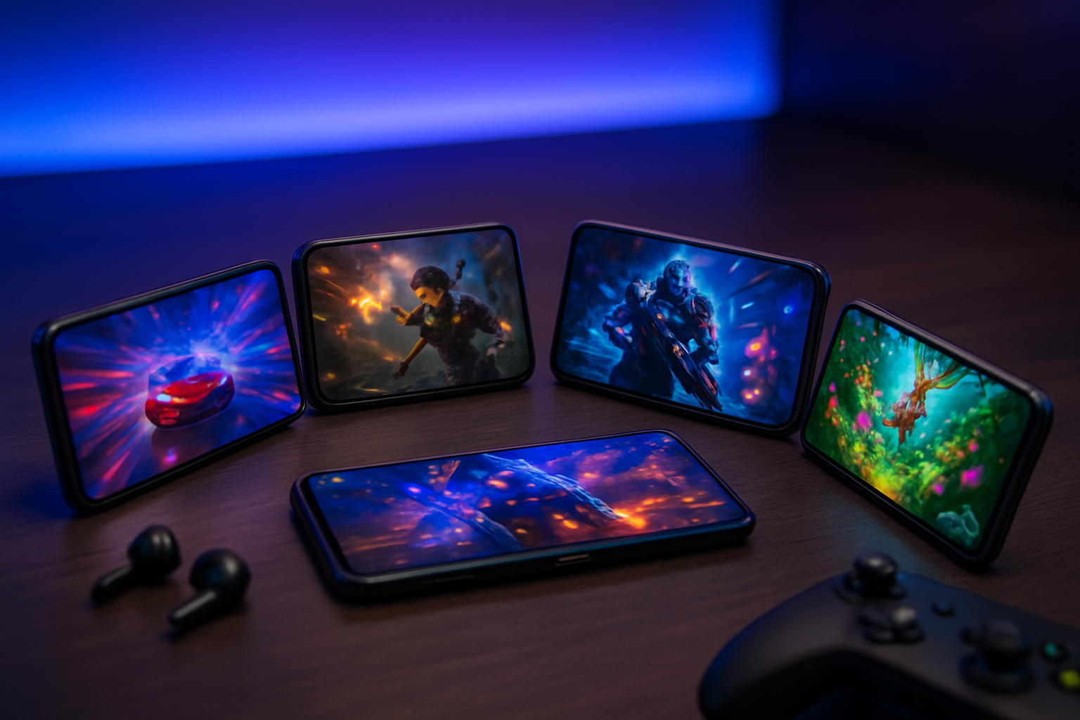 Create a realistic image of multiple high-end gaming smartphones arranged in a semi-circle on a sleek dark wooden desk surface, with each phone displaying colorful game interfaces and vibrant screens, surrounded by subtle gaming accessories like wireless earbuds and a gaming controller, soft ambient lighting with blue and purple LED strips in the background creating a modern tech atmosphere, shallow depth of field focusing on the smartphones in the foreground, absolutely NO text should be in the scene.