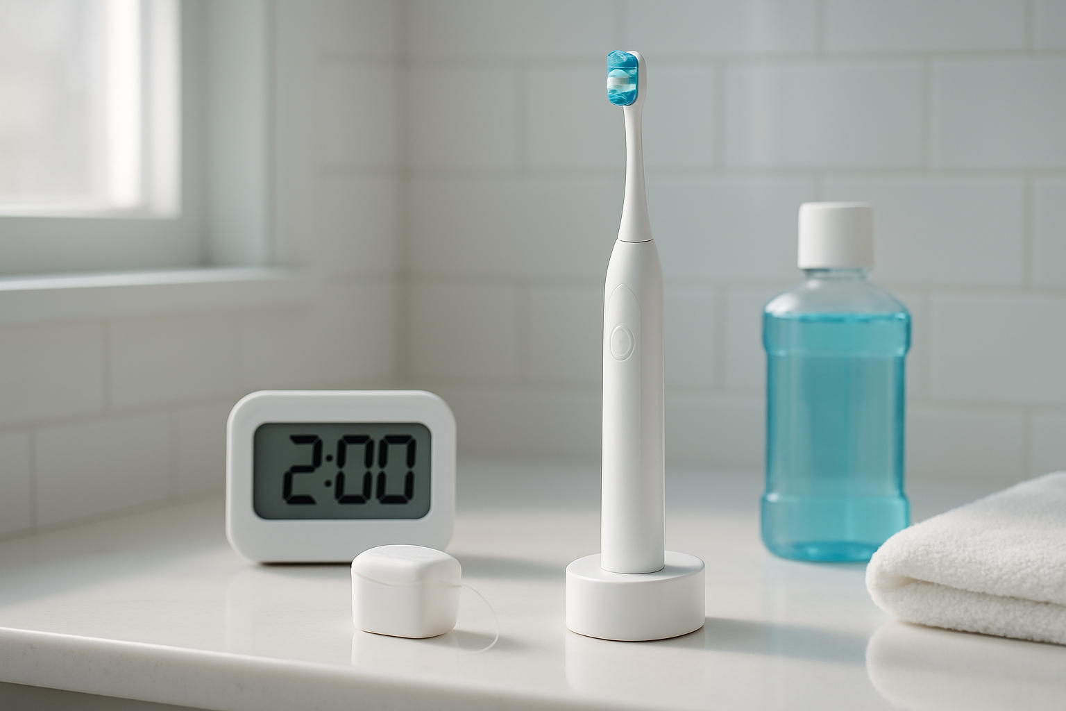 Create a realistic image of a clean, modern bathroom counter with a high-tech electric toothbrush standing upright in a charging station, a timer showing 2:00 minutes, dental floss, and mouthwash bottle neatly arranged, with soft natural lighting from a window, conveying a sense of completion and dental care mastery, absolutely NO text should be in the scene.