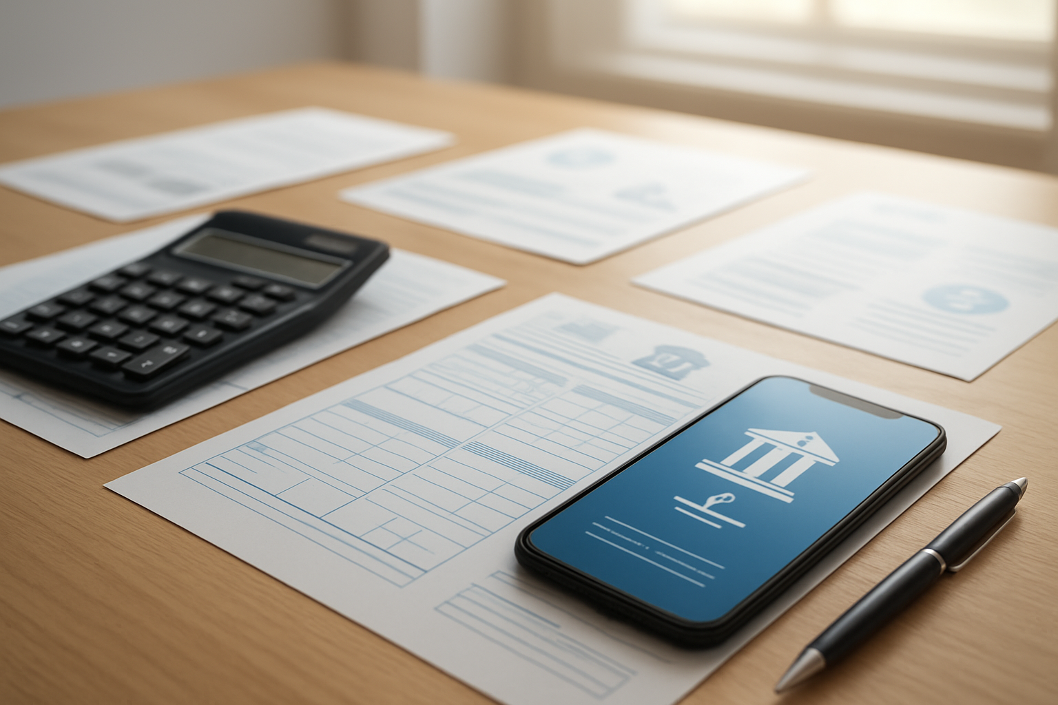 Create a realistic image of a modern banking environment with financial documents, banking forms, and educational materials spread across a clean wooden desk, featuring a calculator, pen, and smartphone displaying a banking app, with soft natural lighting from a window creating a professional and educational atmosphere, complemented by subtle banking icons and symbols visible on papers and documents in the background. Absolutely NO text should be in the scene.
