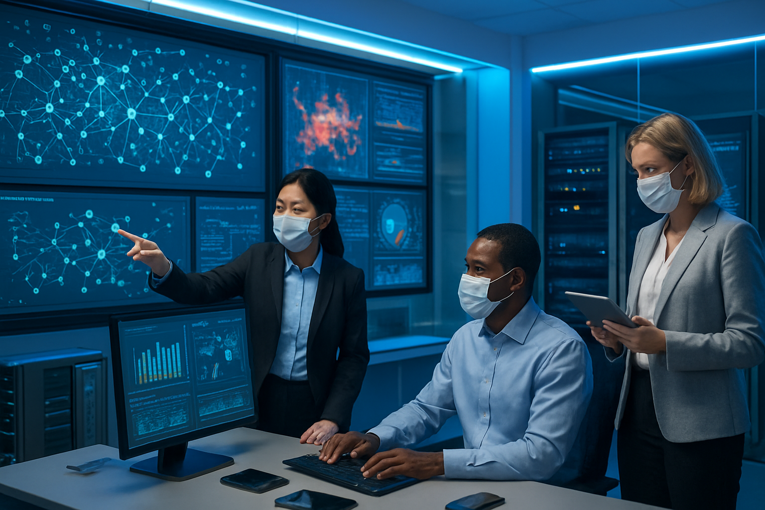 Create a realistic image of a modern control room with multiple wall-mounted screens displaying digital contact tracing networks, infection heat maps, and real-time health monitoring data visualizations, featuring a diverse team of three health officials - one Asian female epidemiologist pointing at a large interactive display showing connected dots representing contact chains, one Black male data analyst working at a computer workstation with multiple monitors, and one white female supervisor reviewing tablet data, all wearing professional attire and face masks, surrounded by sleek technology equipment including servers, sensors, and mobile devices on desks, set against a clean high-tech environment with blue LED lighting and glass panels, conveying a sense of urgency and technological advancement in pandemic response, absolutely NO text should be in the scene.