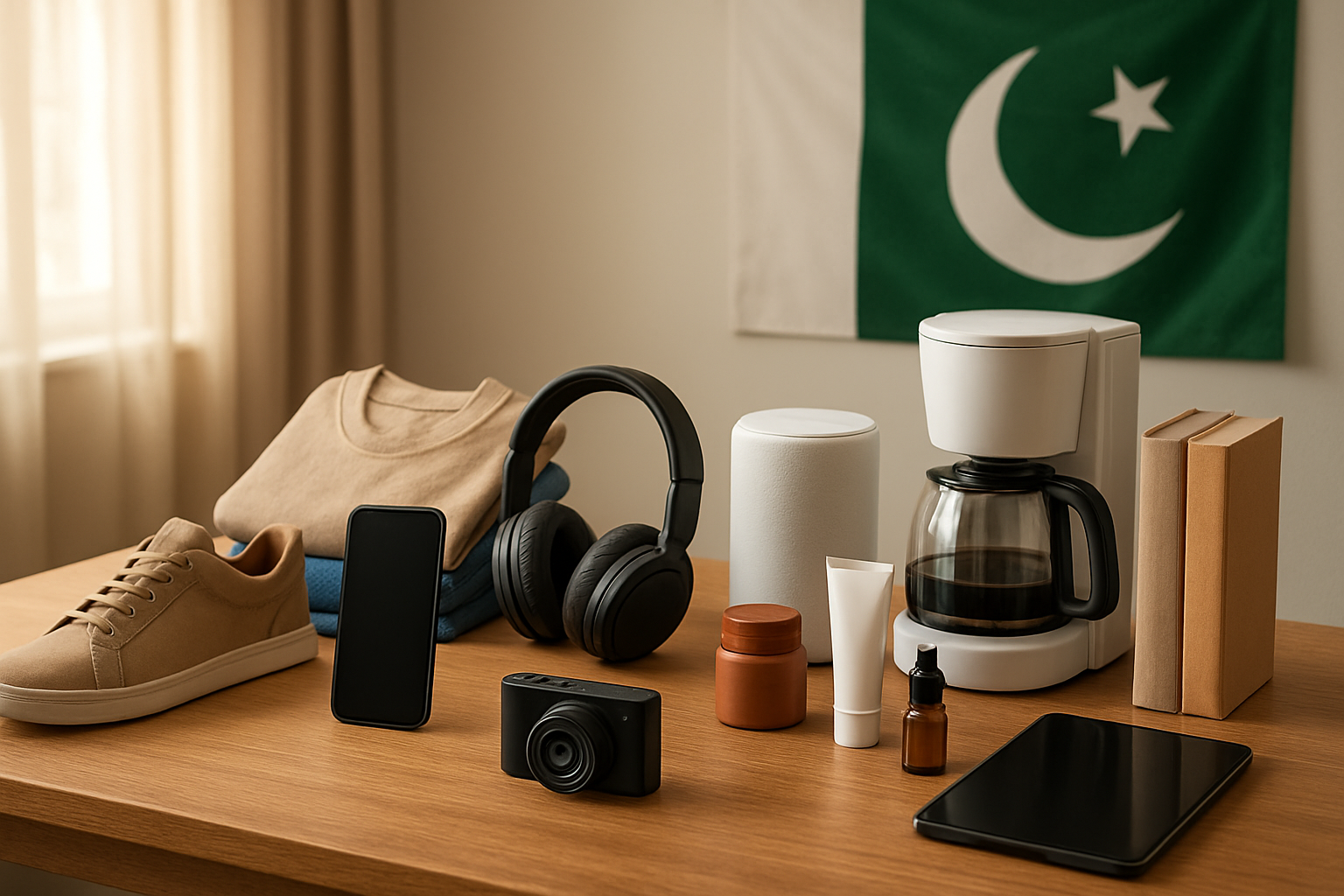 Create a realistic image of various popular Amazon product categories artfully arranged on a modern wooden table, including electronics like smartphones and headphones, fashion items like clothing and shoes, home and kitchen appliances, books, beauty products, and tech gadgets, with the Pakistani flag subtly placed in the background, warm natural lighting from a window, clean organized layout showcasing the diversity of available products, absolutely NO text should be in the scene.