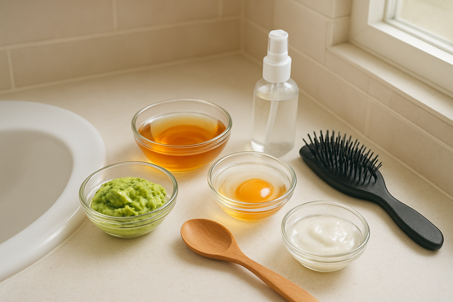 Create a realistic image of a clean bathroom vanity counter with multiple small glass bowls containing different natural hair mask ingredients like avocado, honey, coconut oil, and eggs, alongside a wooden spoon for mixing, a hair brush, and a spray bottle, with soft natural lighting from a window creating a spa-like atmosphere, shot from above to show the organized layout of ingredients ready for creating a personalized hair care routine, absolutely NO text should be in the scene.