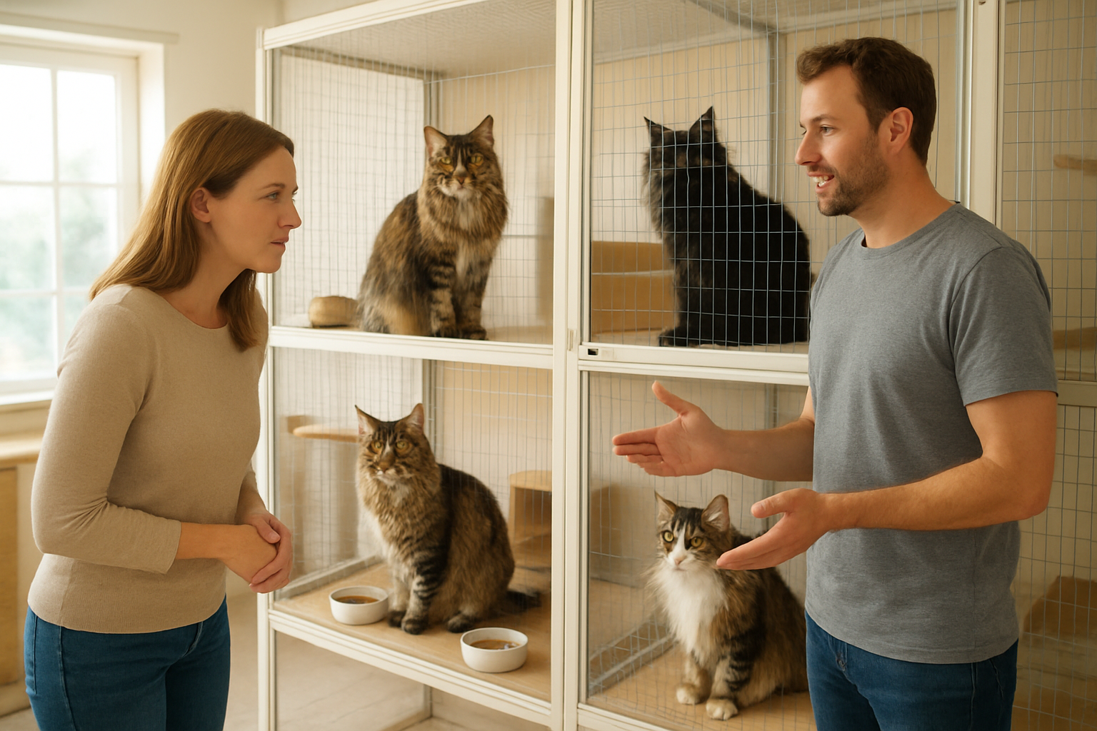 Create a realistic image of a white female visitor in her 30s carefully observing several Maine Coon cats in a clean, well-lit cattery environment with proper enclosures, feeding stations, and play areas visible in the background, while a white male breeder in casual clothing stands nearby explaining the cats' characteristics, with natural lighting streaming through windows creating a warm and professional atmosphere. Absolutely NO text should be in the scene.