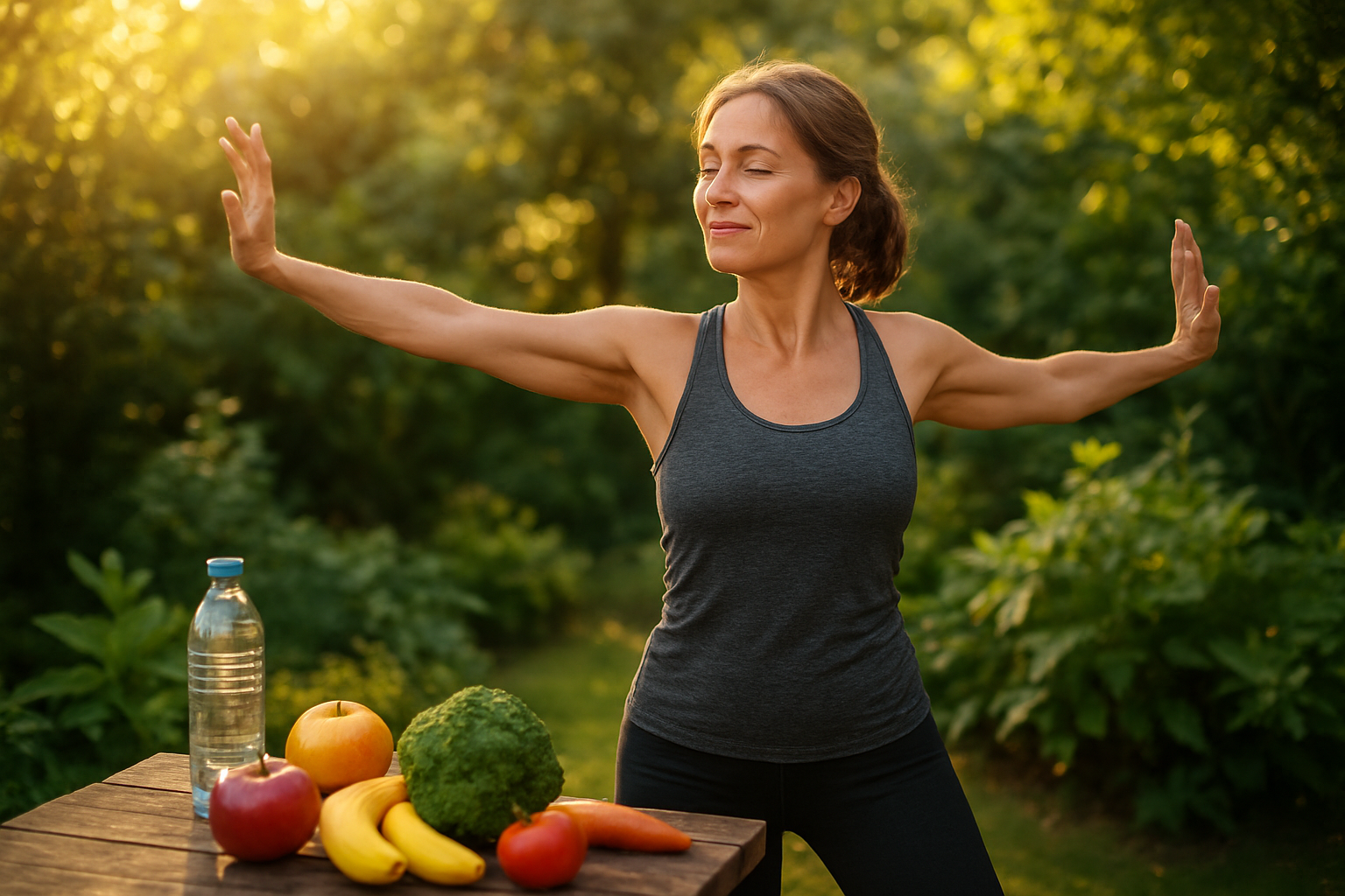 Create a realistic image of a healthy middle-aged white woman in athletic wear performing a gentle yoga stretch outdoors in a serene garden setting, with her arms gracefully extended showing fluid joint movement, surrounded by vibrant green plants and natural sunlight filtering through leaves, alongside visual elements like fresh colorful fruits, vegetables, and a water bottle on a wooden surface nearby, conveying vitality, wellness, and the harmony between physical activity and nutrition for joint health and anti-aging, with warm golden hour lighting creating a peaceful and rejuvenating atmosphere that represents the culmination of healthy lifestyle choices, absolutely NO text should be in the scene.