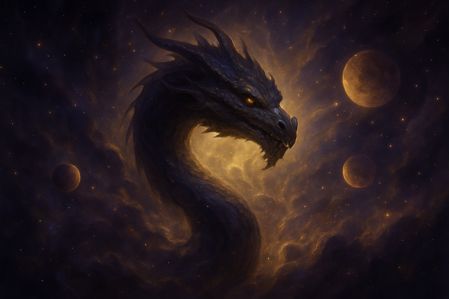 9 கிரகங்களும் கேதுவும்: அதிர்ச்சி பலன்கள் Create a realistic image of a mystical celestial scene showing Rahu (depicted as a serpentine dragon head without a body) emerging from swirling cosmic clouds, surrounded by glowing planets and stars in deep space, with ethereal light beams radiating outward suggesting extraordinary cosmic achievements, dark purple and golden color palette with nebula formations in the background, dramatic lighting highlighting the serpent