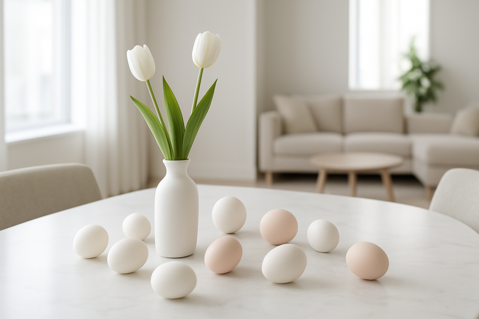 Create a realistic image of a modern minimalist Easter table setting in a contemporary living room featuring clean white ceramic vases with single white tulips, simple geometric white and pale pink Easter eggs arranged on a sleek marble dining table, soft natural lighting streaming through large windows, neutral color palette with white, beige and subtle pastel accents, uncluttered space with modern furniture in the background, and absolutely NO text should be in the scene.