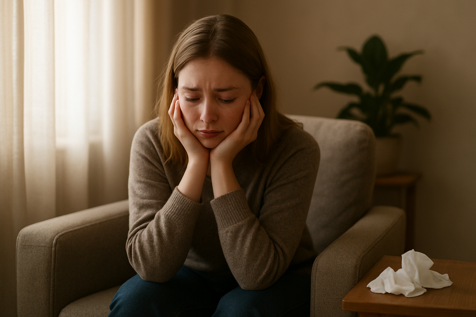 Create a realistic image of a young white female sitting alone on a comfortable armchair in a softly lit living room, her head gently resting in her hands in a contemplative pose, with tear stains visible on her cheeks, surrounded by warm ambient lighting from a nearby window with natural daylight filtering through sheer curtains, a few used tissues on a side table, and a peaceful indoor plant in the background creating a safe healing space atmosphere. Absolutely NO text should be in the scene.