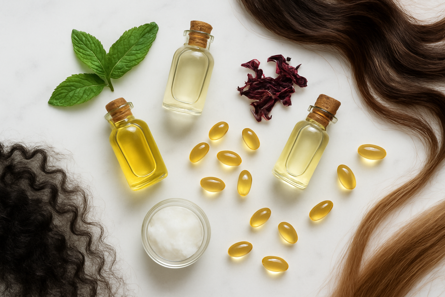 Create a realistic image of various natural hair care ingredients arranged on a clean white marble surface, including small glass bottles of rosemary oil, coconut oil, and argan oil, fresh mint leaves, dried hibiscus petals, biotin capsules, and vitamin E oil capsules scattered artistically around the bottles, with soft natural lighting from above creating gentle shadows, and a few strands of different hair textures (curly, straight, and wavy) placed delicately near the ingredients to show the connection between natural components and hair care, all photographed from a top-down perspective with a minimalist aesthetic, absolutely NO text should be in the scene.