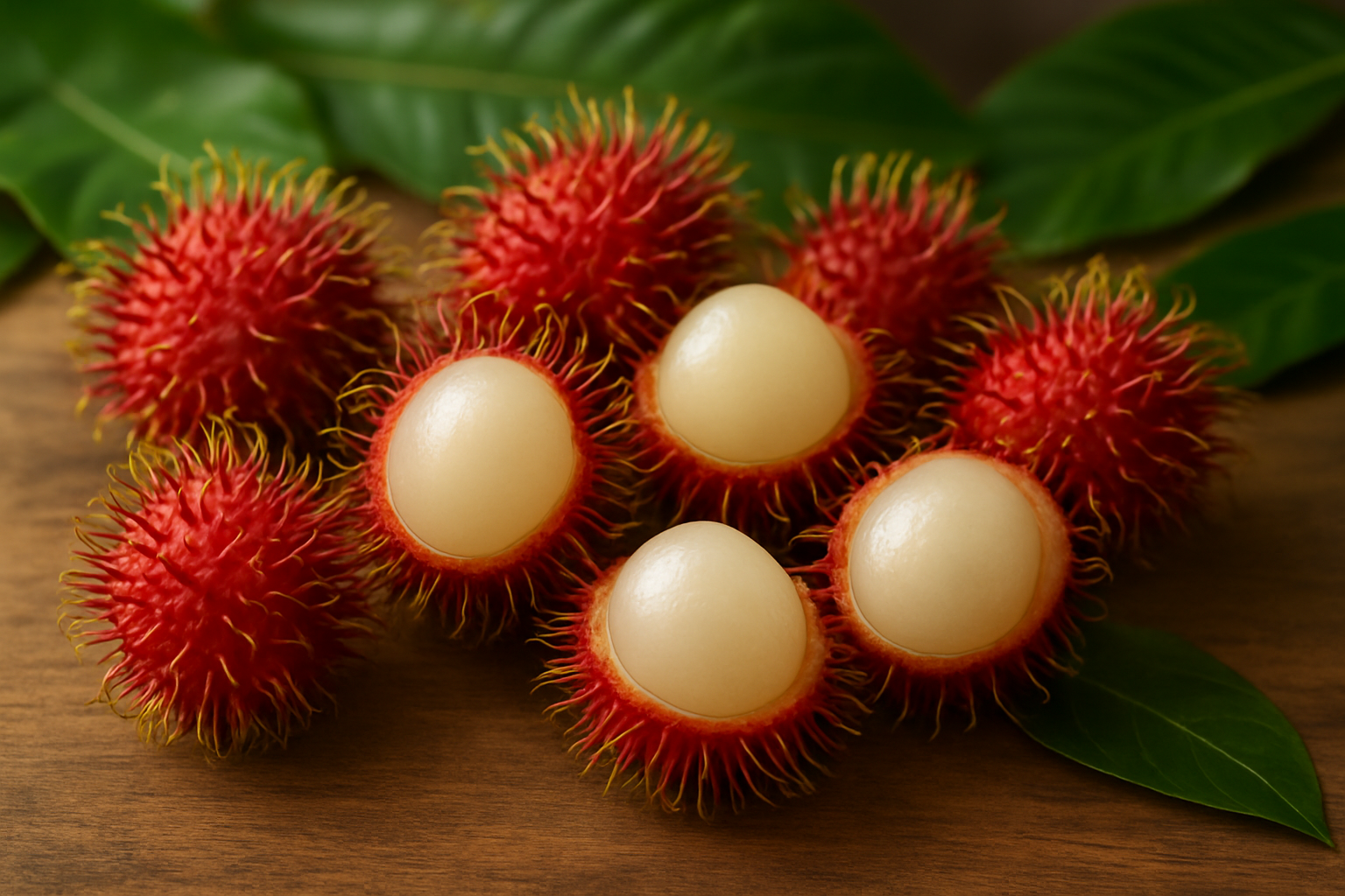 Create a realistic image of a beautifully arranged display of fresh rambutan fruits showcasing their distinctive red spiky exterior and peeled white translucent flesh, with some fruits whole and others opened to reveal the sweet interior, arranged on a natural wooden surface with soft natural lighting that highlights the vibrant colors and textures, surrounded by tropical green leaves as complementary elements, creating a warm and inviting mood that celebrates the exotic nature and nutritional benefits of this tropical fruit, absolutely NO text should be in the scene.