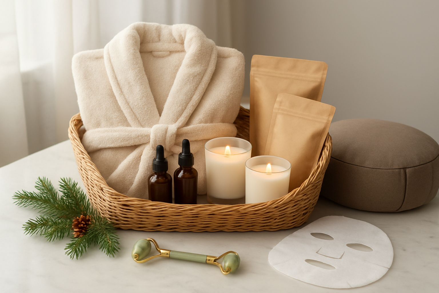 Create a realistic image of an elegant gift arrangement featuring wellness and self-care items including a luxurious spa gift basket with essential oil bottles, scented candles, a plush bathrobe, face masks, a jade roller, herbal tea packages, and a meditation cushion, all artfully displayed on a clean white marble surface with soft natural lighting from a nearby window, surrounded by subtle holiday greenery and pine cones, creating a serene and peaceful atmosphere perfect for middle-aged adults seeking relaxation and self-care, absolutely NO text should be in the scene.