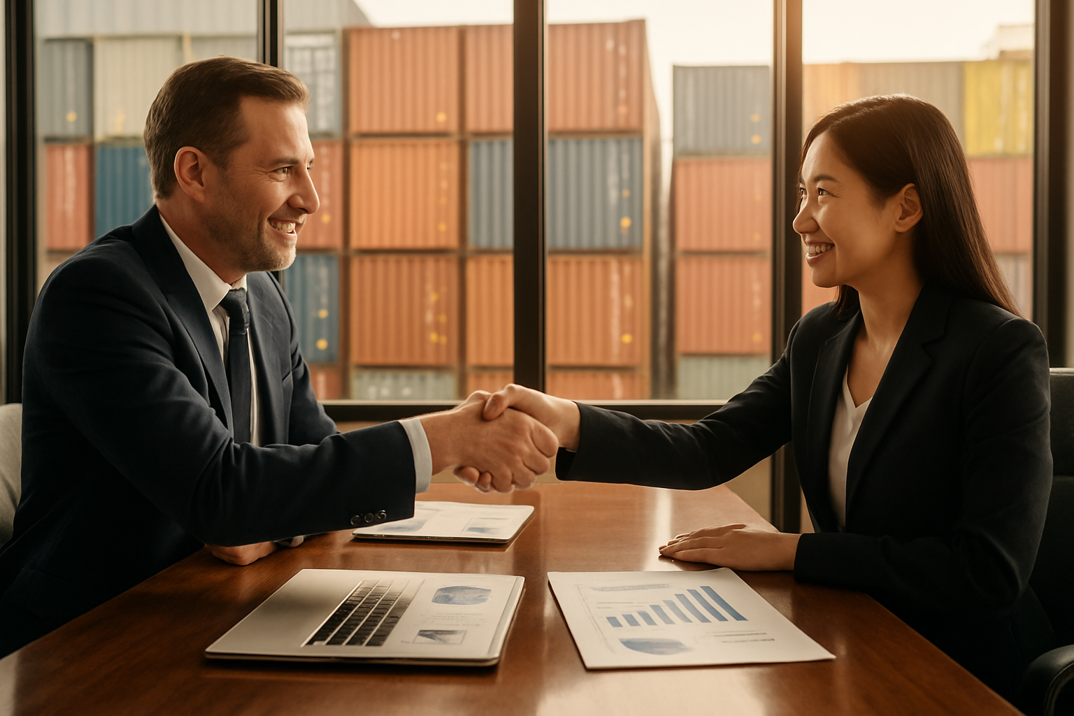 Create a realistic image of two business professionals, one white male and one Asian female, shaking hands across a polished conference table with import/export documents, shipping containers visible through large windows in the background, warm natural lighting creating a professional atmosphere of collaboration and partnership, with laptops and charts showing growth metrics on the table between them, absolutely NO text should be in the scene.