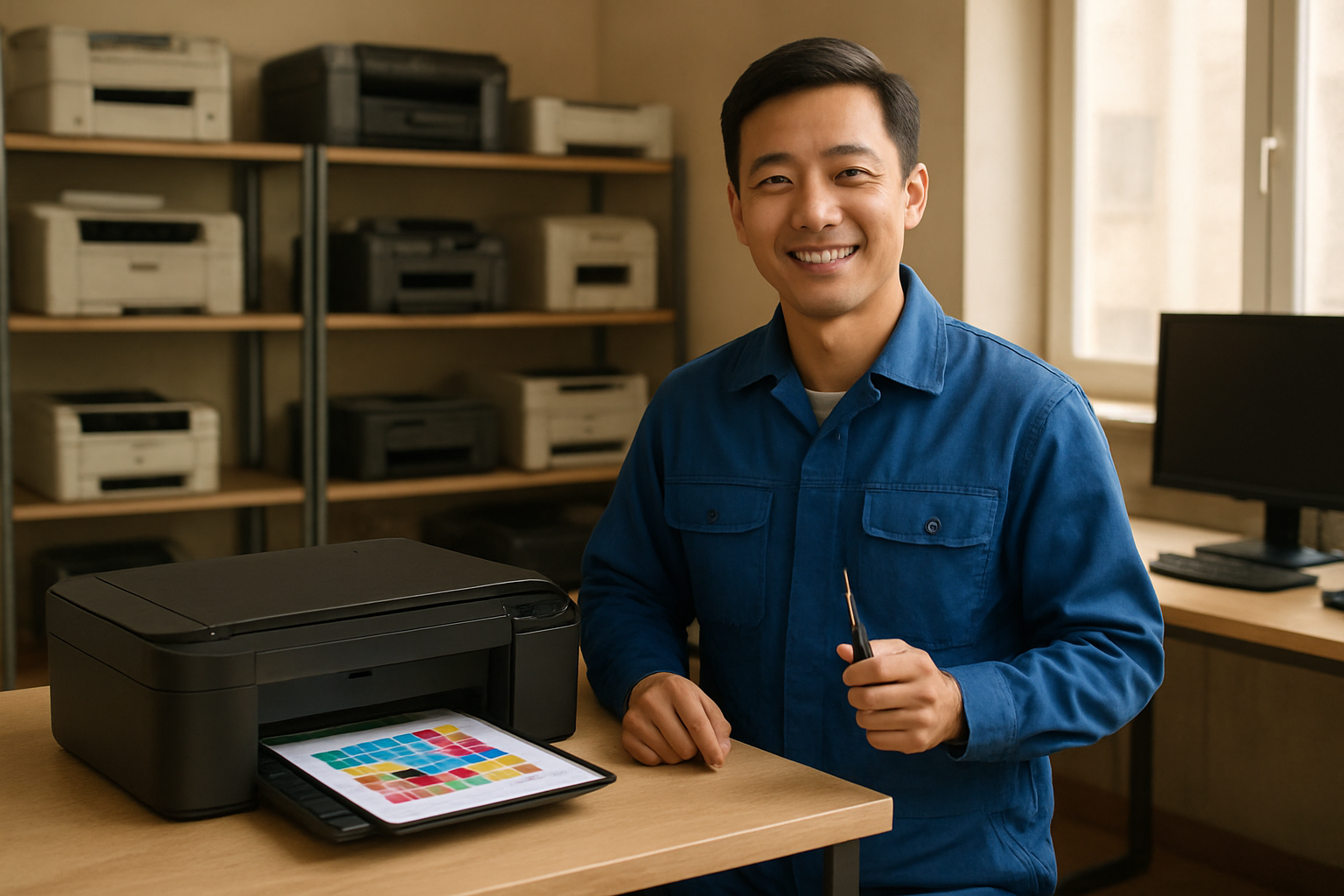 Create a realistic image of a satisfied Asian male technician in his 30s wearing a blue work uniform standing next to a modern office desk with a fully functional black inkjet printer that has just finished printing colorful test pages, the scene is set in a clean and organized repair shop with various printer models visible on shelves in the background, warm natural lighting from a window creates a professional and trustworthy atmosphere, the technician has a confident smile while holding a small repair tool, multiple successfully repaired printers are arranged neatly on workbenches showing the quality of professional service, the overall mood conveys reliability and expertise in printer repair services, absolutely NO text should be in the scene.