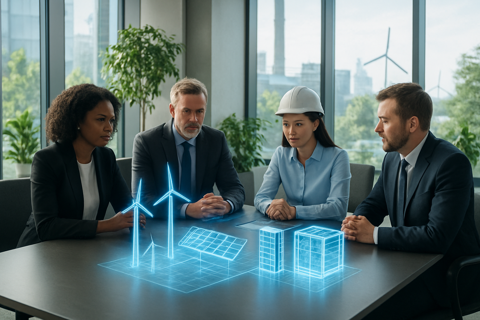 Create a realistic image of diverse industry executives and engineers in a modern corporate boardroom with large windows, featuring a mixed group including a black female CEO, white male CTO, and Asian female engineer, gathered around a sleek conference table displaying holographic projections of wind turbines, solar panels, and energy-efficient data centers, with green plants integrated into the modern office design, soft natural lighting streaming through floor-to-ceiling windows, and visible renewable energy infrastructure in the cityscape background, conveying innovation and environmental responsibility, absolutely NO text should be in the scene.