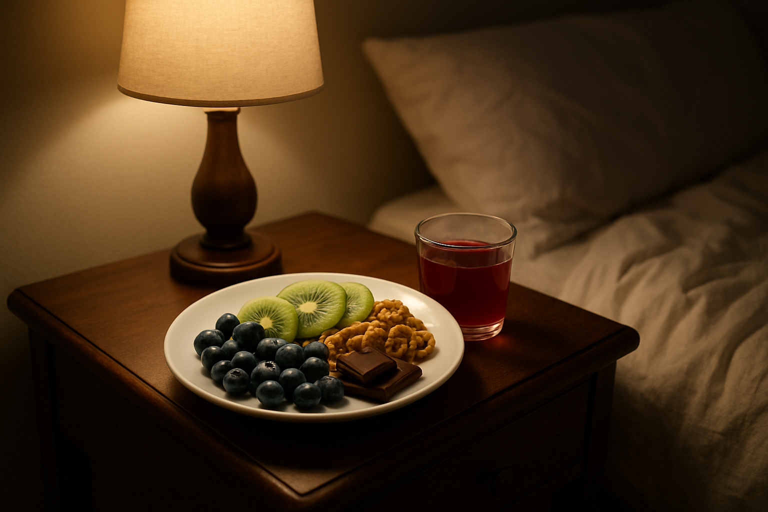 Create a realistic image of an elegant wooden bedside table with a selection of anti-aging foods artfully arranged on a white ceramic plate, including fresh blueberries, sliced kiwi, walnuts, dark chocolate squares, and a small glass of tart cherry juice, with a cozy bedroom setting in soft warm lighting from a bedside lamp, featuring rumpled white bedsheets partially visible in the background, creating a peaceful nighttime atmosphere that suggests healthy evening eating habits, absolutely NO text should be in the scene.