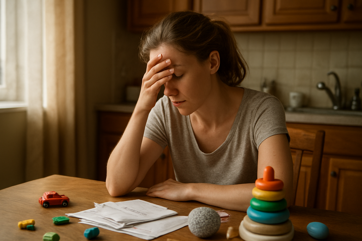 Create a realistic image of a white female mother sitting at a kitchen table with her head in her hands in a moment of realization, surrounded by subtle signs of daily chaos including scattered children's toys, unopened mail, and dishes in the background, soft natural lighting streaming through a window creating a contemplative atmosphere, with the woman wearing casual home clothes and showing a mix of exhaustion and enlightenment on her face, kitchen setting with warm earth tones and lived-in feel. Absolutely NO text should be in the scene.