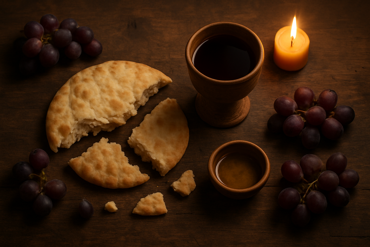 Create a realistic image of a wooden table from above showing the symbolic elements of the Last Supper including unleavened bread broken into pieces, a chalice filled with red wine, olive oil in a small clay vessel, and fresh grapes scattered around, with warm candlelight casting soft shadows across the rustic wooden surface, creating a reverent and sacred atmosphere. Absolutely NO text should be in the scene.