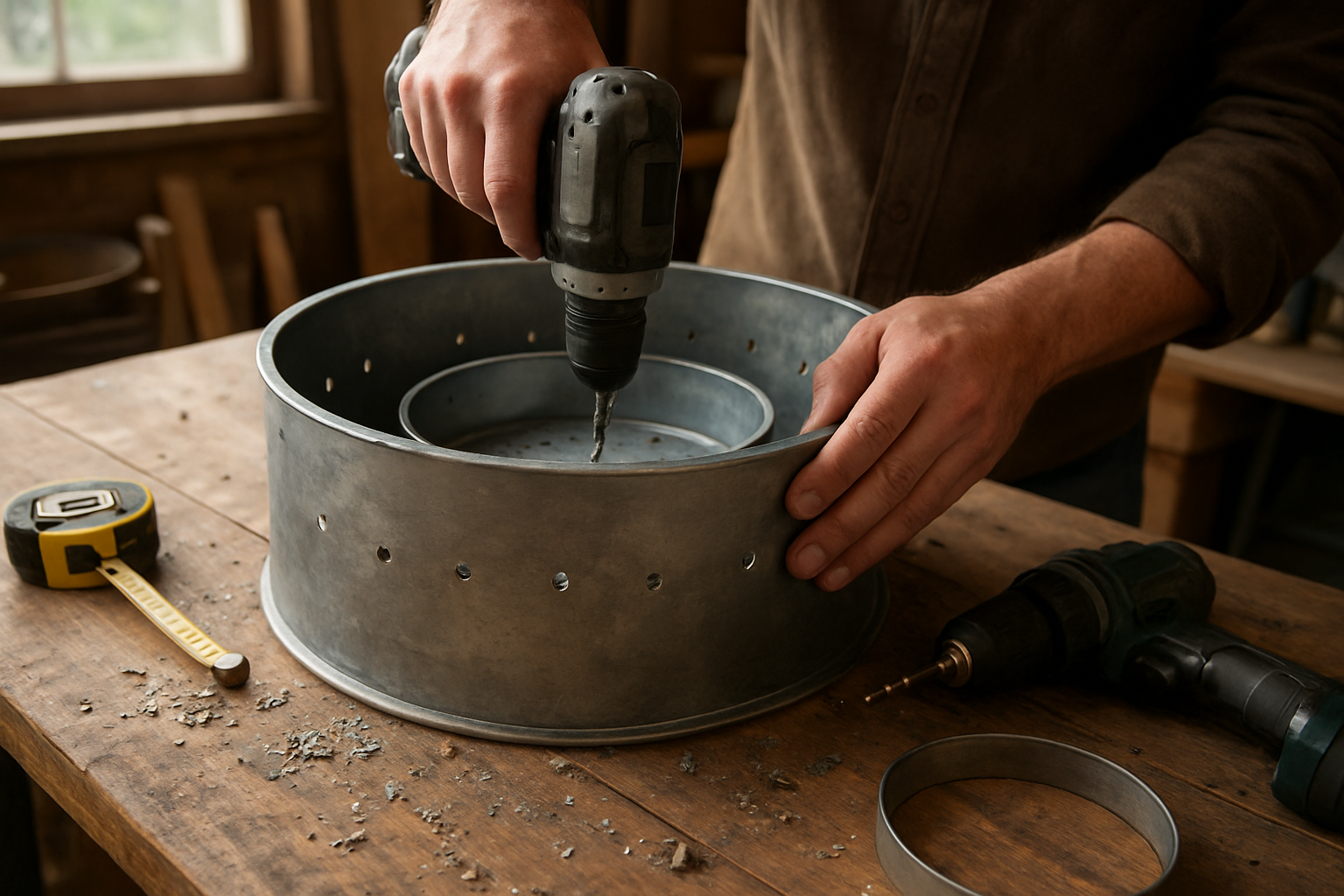 Create a realistic image of hands assembling a DIY smokeless fire pit with metal rings, drilling holes in the outer metal cylinder, tools like a drill and measuring tape scattered on a wooden workbench, metal shavings and construction materials visible, workshop setting with natural lighting from a window, focusing on the construction process in progress, absolutely NO text should be in the scene.