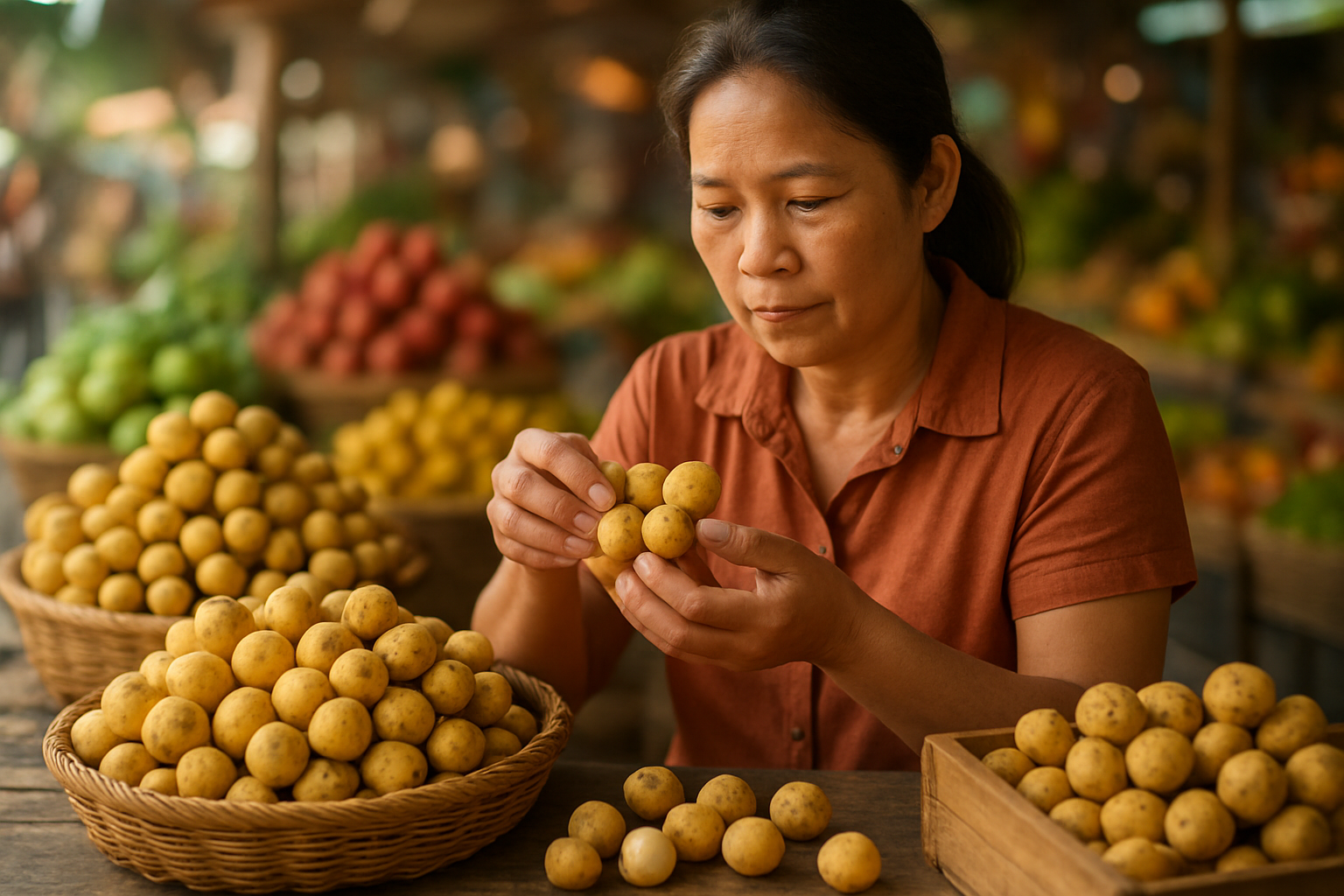 Create a realistic image of a vibrant tropical fruit market stall displaying fresh langsat fruits in woven baskets and wooden crates, with clusters of small round yellow-brown langsat fruits prominently featured, some individual fruits scattered nearby showing their translucent flesh, a middle-aged Asian female vendor carefully examining and selecting quality langsat fruits with her hands, tropical market atmosphere with warm natural lighting, blurred background of other exotic fruits and market activity, focusing on the selection process and fruit quality assessment, absolutely NO text should be in the scene.