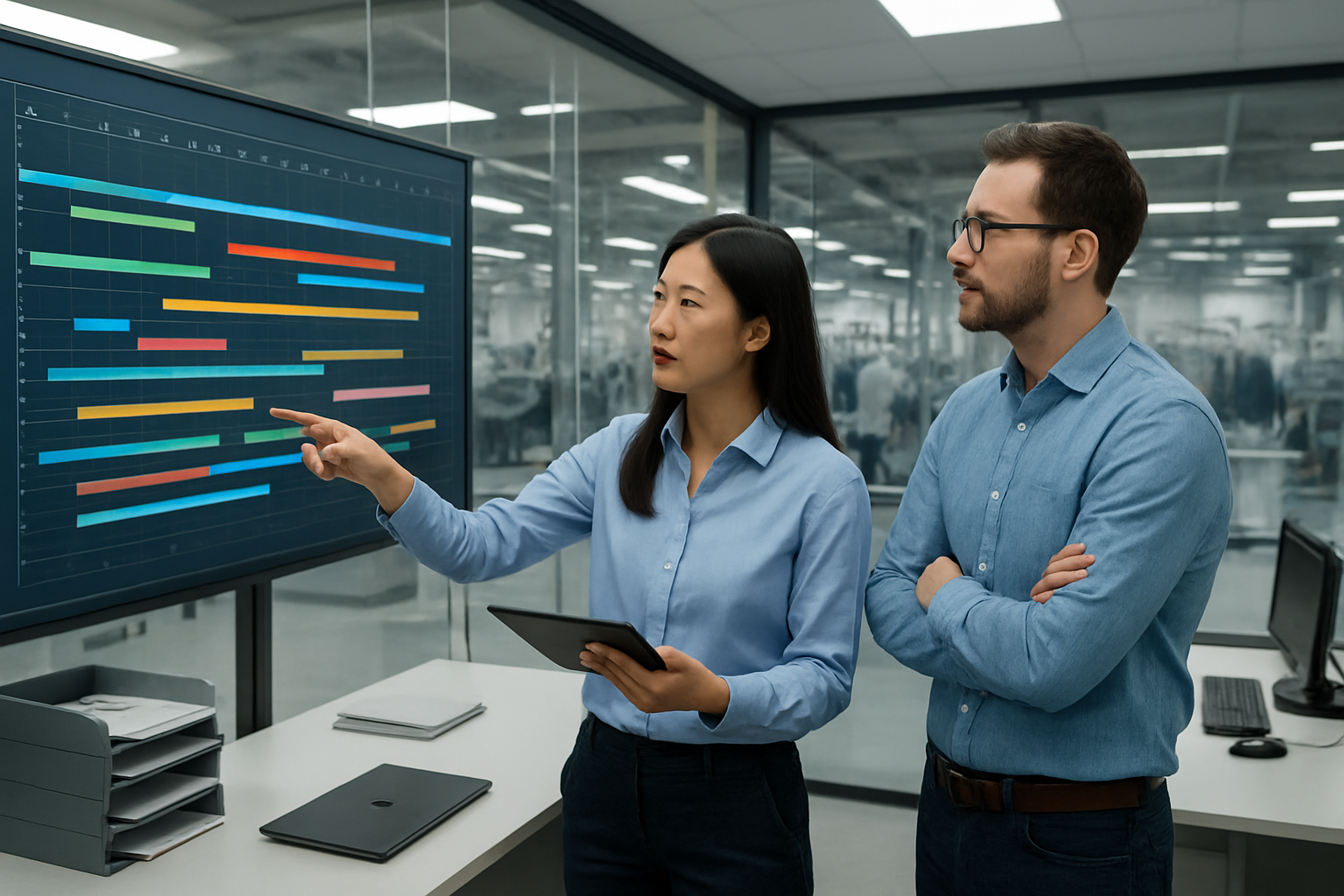 From Sampling to Shipment: A Transparent Apparel Export Process for Global Buyers in 2026 Create a realistic image of a modern apparel manufacturing planning office with Asian female and white male production managers collaborating around a large digital planning board displaying colorful production timelines, schedules, and workflow charts, with transparent glass walls showing the factory floor in the background, bright professional lighting, computers and tablets on desks, organized filing systems, and a clean industrial aesthetic that conveys efficiency and transparency in garment manufacturing operations. Absolutely NO text should be in the scene.