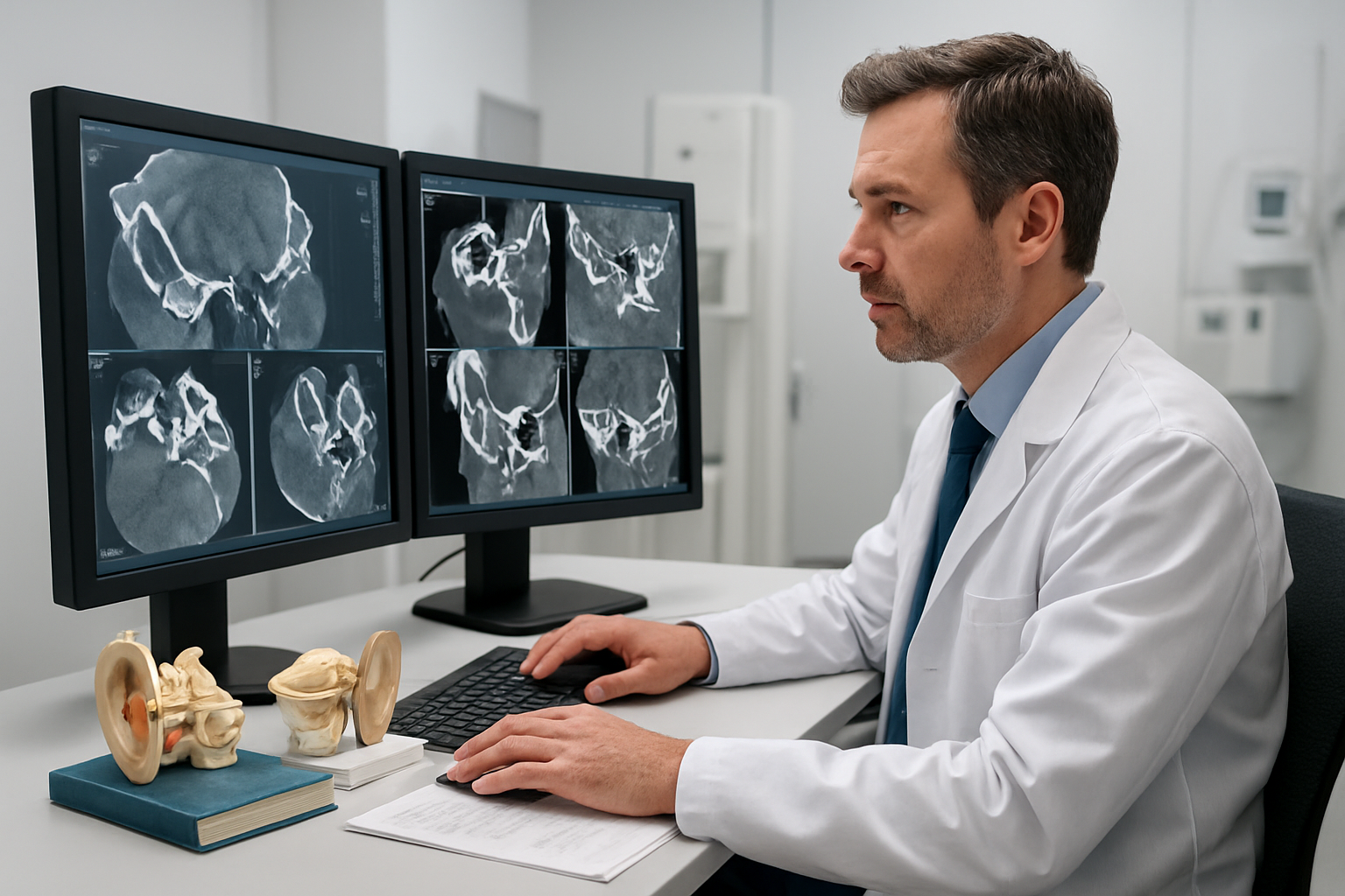 Create a realistic image of a modern medical professional, white male doctor in his 40s, sitting at a computer workstation reviewing detailed HRCT temporal bone scan images displayed on multiple high-resolution monitors, with anatomical models of the ear and temporal bone structures visible on the desk beside medical textbooks and diagnostic reports, in a well-lit radiology department with clean white walls and professional medical equipment in the background, conveying a sense of expertise and clinical precision, absolutely NO text should be in the scene.