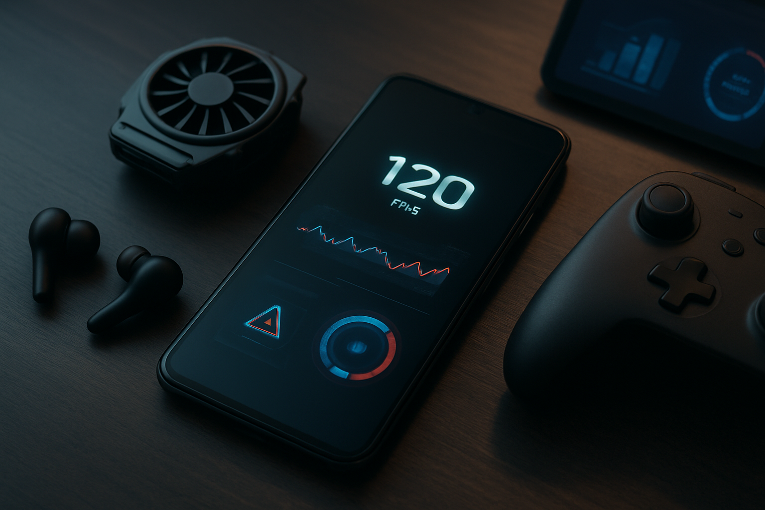 Create a realistic image of a sleek modern smartphone lying flat on a dark wooden desk surface with gaming-focused specifications visible on the screen display, surrounded by gaming accessories including wireless earbuds, a phone cooling fan attachment, and a mobile gaming controller, with soft ambient lighting creating subtle reflections on the phone's glass surface, and gaming performance charts or icons subtly displayed on secondary devices in the background, creating a tech-focused atmosphere that emphasizes mobile gaming criteria and selection factors, Absolutely NO text should be in the scene.