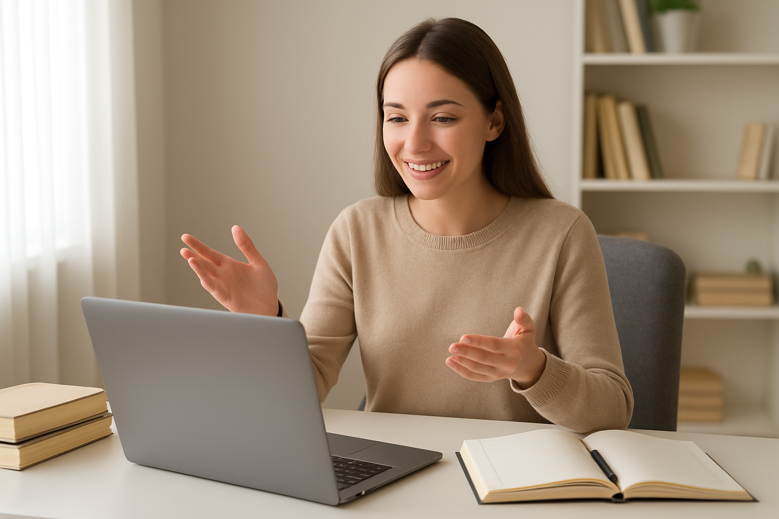 Create a realistic image of a young white female sitting at a clean desk in a bright home office, facing a laptop computer with a warm smile while gesturing as if explaining something to students through video call, with educational materials like books and notebooks visible on the desk, a comfortable chair, and soft natural lighting from a nearby window creating a professional yet cozy tutoring environment, with a bookshelf blurred in the background. Absolutely NO text should be in the scene.