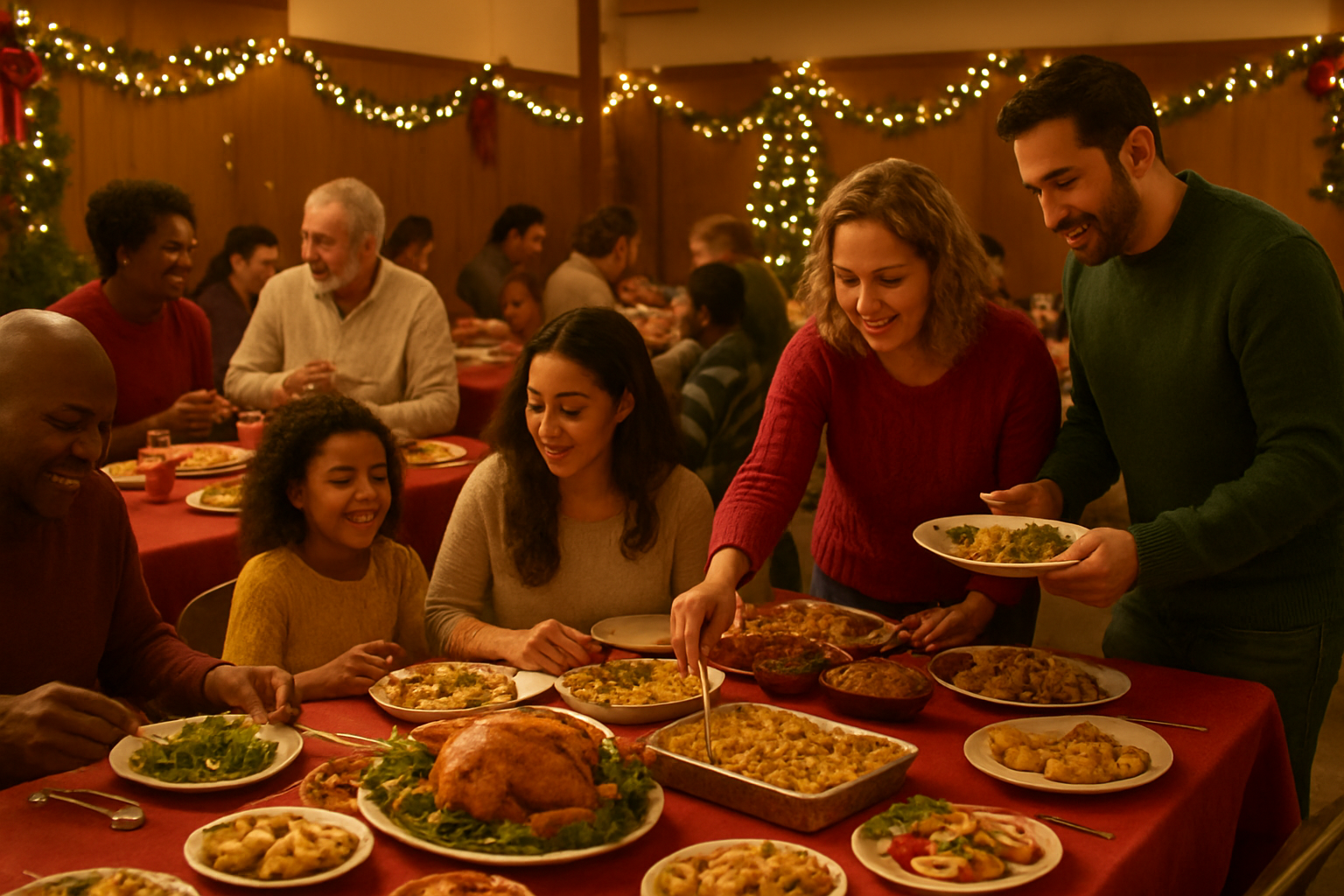 Create a realistic image of a diverse community Christmas potluck gathering with people of various races including white, black, and Hispanic families sharing homemade dishes at long decorated tables, featuring traditional holiday foods like roasted turkey, casseroles, cookies, and festive drinks, set in a warm community center or church hall with Christmas decorations, twinkling lights, and garlands, where people are actively serving food, chatting, and connecting with neighbors, creating a cozy and welcoming atmosphere with soft golden lighting that emphasizes the spirit of sharing and togetherness, absolutely NO text should be in the scene.