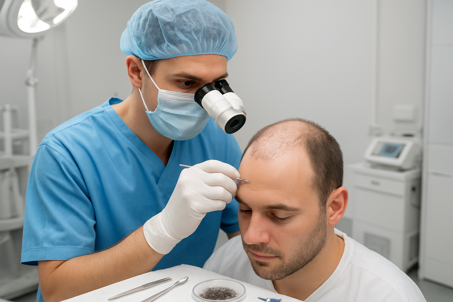 Create a realistic image of a medical professional in a modern hair transplant clinic examining a male patient's scalp, with the doctor using a magnifying device to show hair follicles being carefully transplanted into balding areas, surgical instruments and hair restoration equipment visible on a sterile medical table nearby, bright clinical lighting illuminating the procedure room with clean white walls and professional medical equipment in the background, conveying a sense of precision and advanced medical care, absolutely NO text should be in the scene.