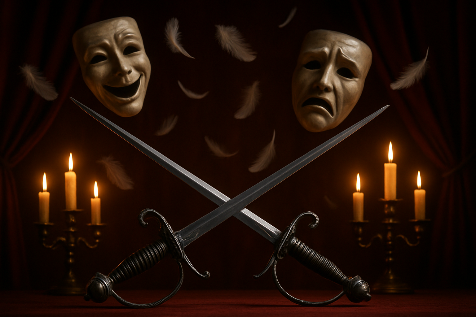 Create a realistic image of two ornate 17th-century rapier swords crossed dramatically in the foreground with their silver blades gleaming, surrounded by floating theatrical masks representing comedy and tragedy, delicate white feathers drifting through the air symbolizing poetry and words, warm golden candlelight illuminating the scene from vintage candelabras in the background, rich burgundy velvet curtains partially visible suggesting a theater setting, with soft dramatic shadows creating depth and emphasizing the symbolic nature of honor and artistic expression, absolutely NO text should be in the scene.