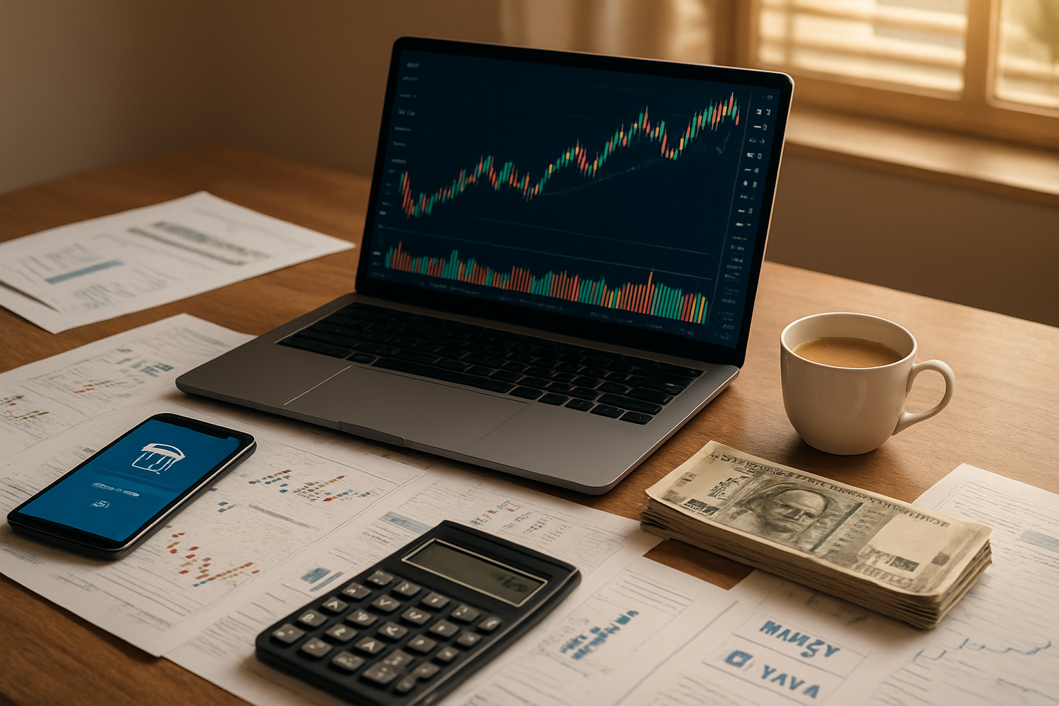 Create a realistic image of a modern Indian office desk setup with financial documents, stock charts, and dividend payment schedules scattered across a wooden desk, featuring a sleek laptop displaying colorful stock market graphs, a smartphone showing banking apps, neat stacks of Indian rupee notes, a calculator, a cup of chai tea, and corporate logos of major Indian companies subtly visible on printed reports, with warm natural lighting streaming through a window, creating a professional and prosperous investment planning atmosphere, absolutely NO text should be in the scene.