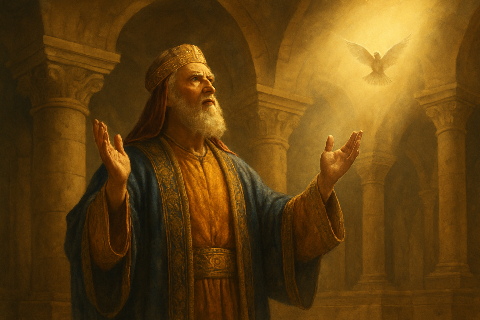 Create a realistic image of an ancient Middle Eastern scene showing a dignified elderly Middle Eastern male figure in ornate royal or noble clothing standing in a position of honor and blessing, with warm golden sunlight streaming from above, surrounded by ancient Persian architectural elements like stone columns and arches, with subtle symbols of divine favor such as gentle rays of light or a peaceful dove in the background, conveying a sense of spiritual triumph, redemption, and God's faithfulness, set in warm earth tones of gold, amber, and deep blues that evoke both ancient biblical times and timeless spiritual truths, absolutely NO text should be in the scene.