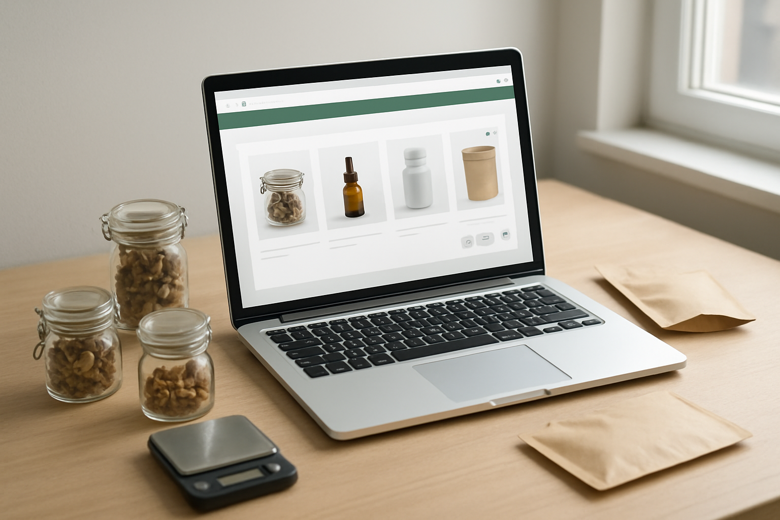 Safest places to get Amazonian psilocybin mushrooms - Psychedelic Today Create A Realistic Image Of A Modern Computer Setup On A Clean Wooden Desk Showing A Laptop Screen Displaying A Professional Online Dispensary Website With Product Categories And Shopping Cart Interface, Surrounded By Small Glass Jars Containing Dried Mushrooms, A Digital Scale, And Packaging Materials, With Soft Natural Lighting From A Nearby Window Creating A Professional And Clinical Atmosphere, Absolutely No Text Should Be In The Scene.