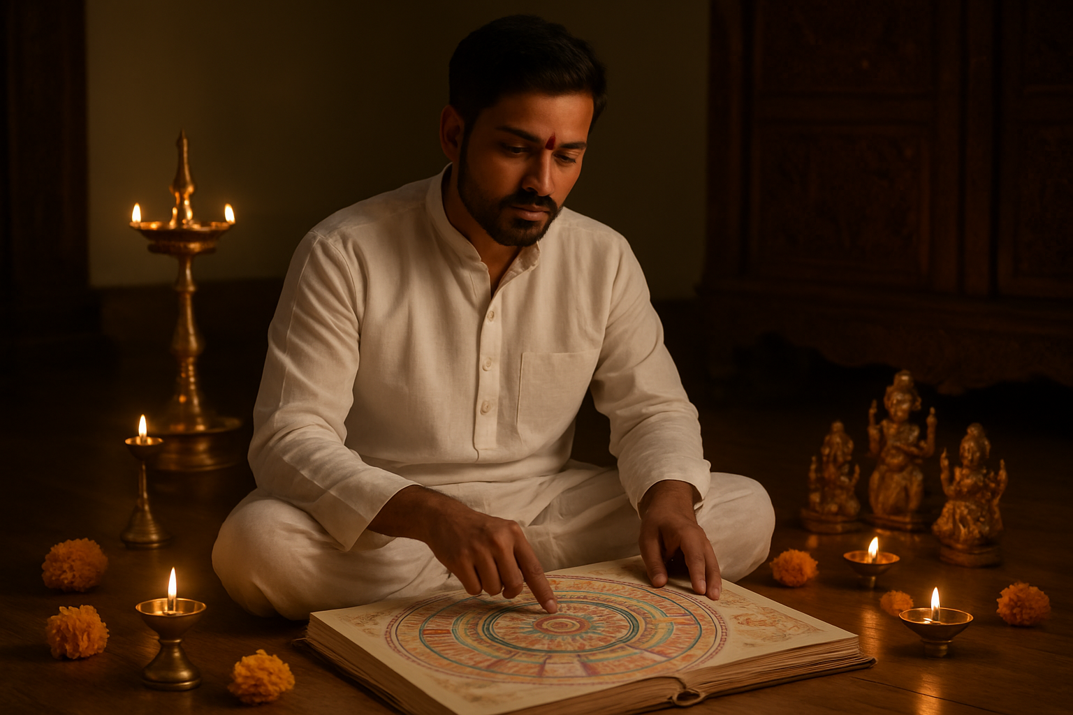Create a realistic image of a South Asian male astrologer in traditional white clothing sitting cross-legged on a wooden floor, consulting a large open Hindu calendar with colorful astronomical charts and planetary symbols spread around him, with traditional brass oil lamps, marigold flowers, and small deity statues arranged nearby, warm golden lighting from the lamps creating a serene spiritual atmosphere in a traditional Indian home setting with carved wooden furniture visible in the background, absolutely NO text should be in the scene.